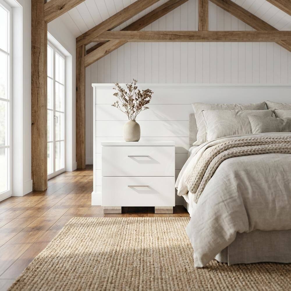 Angle. FurniFact - White Solid Wood Nightstand with 2 Drawers for Bedroom Decor - White.