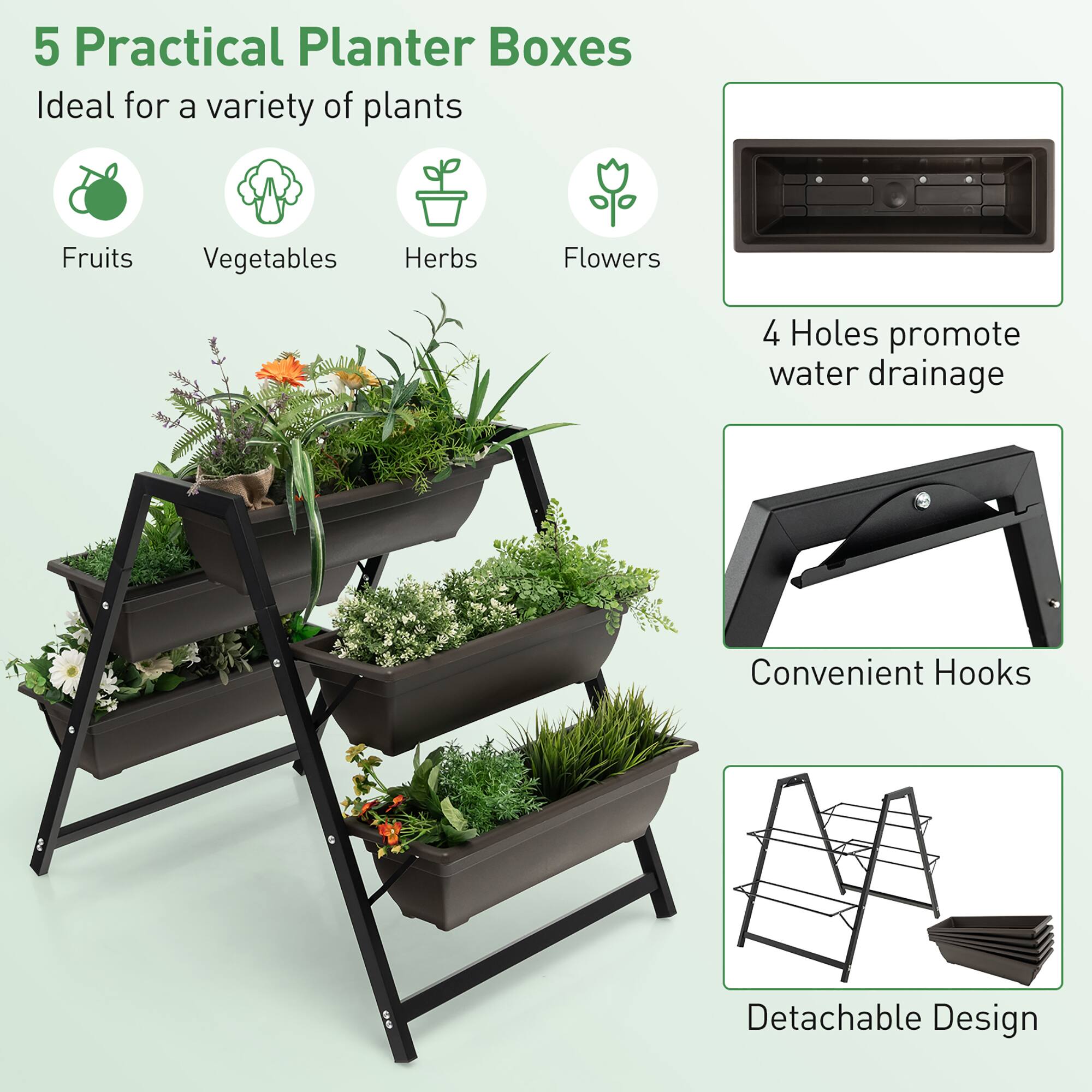 5 Practical Planter Boxes: Ideal for a variety of plants, including fruits, vegetables, herbs, and flowers. The 4 holes in each planter promote water drainage, while the convenient hooks provide additional storage options. The detachable design allows for easy rearrangement and transportation of the planters.