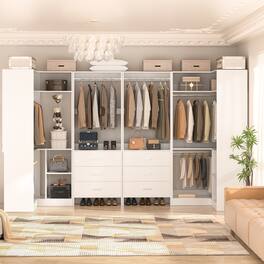 Aheaplus - U-Shaped Closet Organizer System with 6 Drawers, 112.5" Walk-in Wardrobe System with Hanging Rods & Shelves, Set of 4 - White