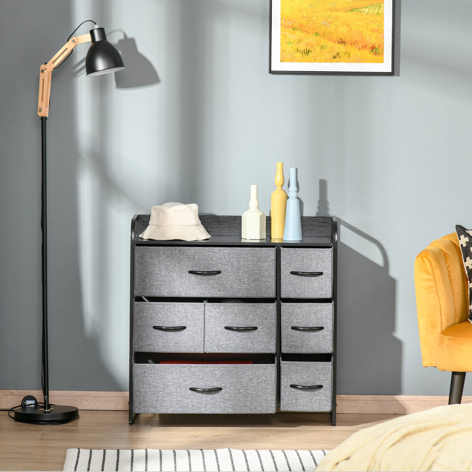 Back. Homcom - 7-Drawer Dresser, Fabric Chest of Drawers, 3-Tier Storage Organizer for Bedroom Entryway, Tower Unit with Steel Frame - Dark Gray.