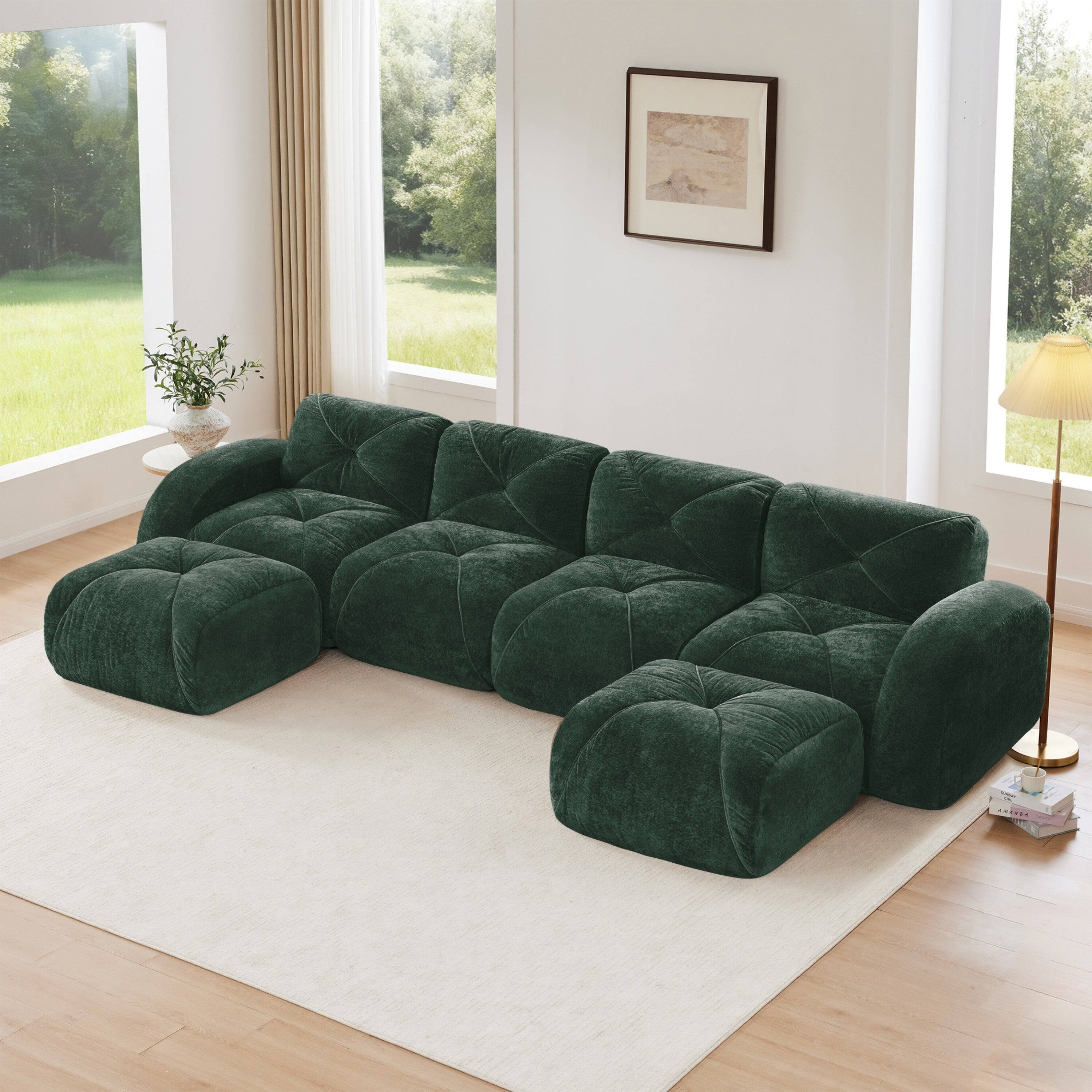 Alt View 1. Boyel Living - U Shaped Velvet Tufted Sofa Movable Ottomans 32D HD Sponge Anti Slip Free Combo No Assembly Living Theater Green - Green.