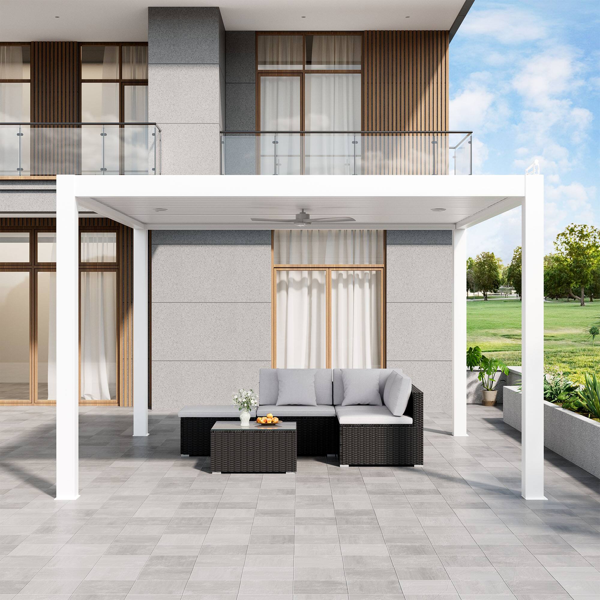 Angle. Mondawe - 13ft x 14ft Solar-Powered Aluminum Pergola with Adjustable Louvers,Remote Control and Hidden Drainage System - White.