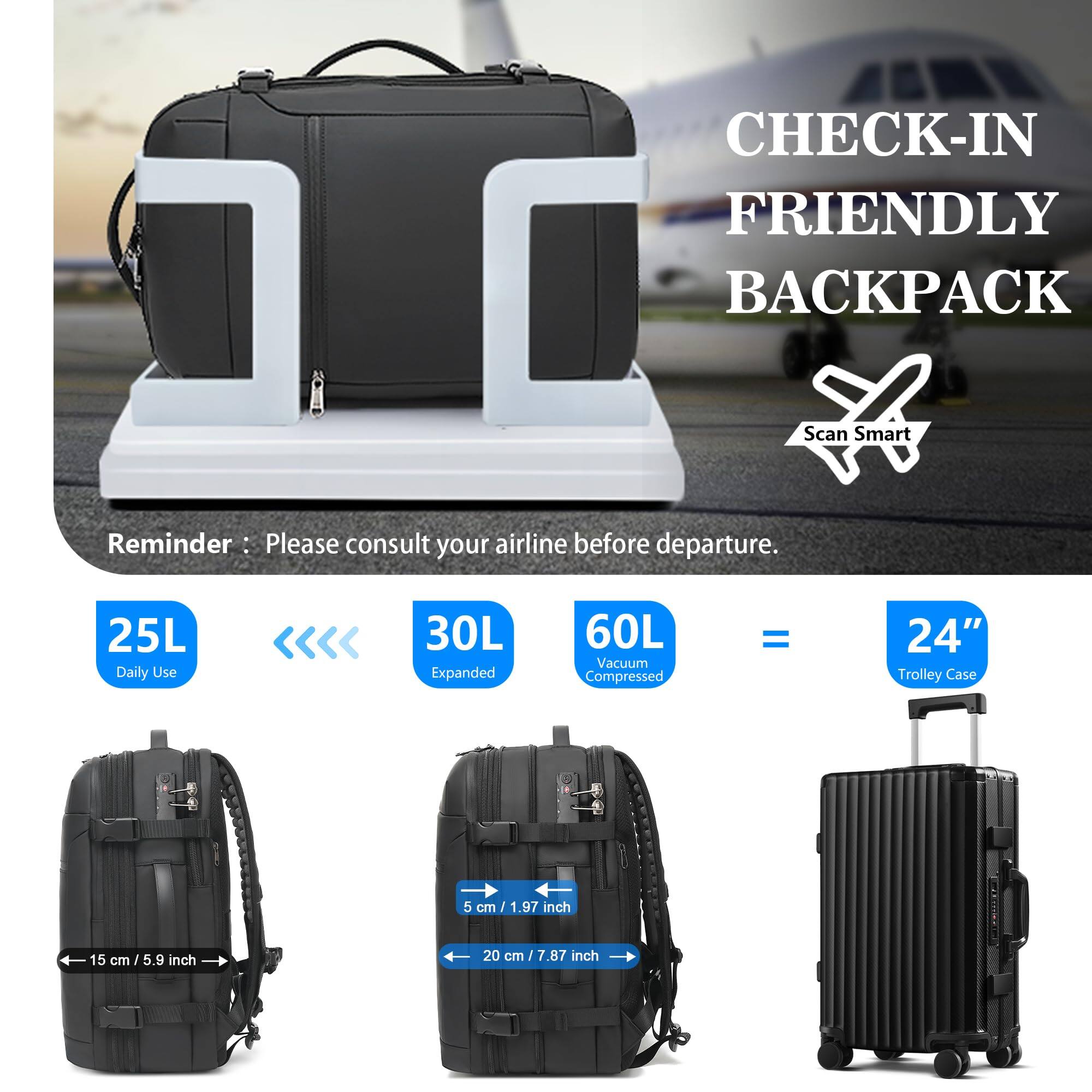 CHECK-IN FRIENDLY BACKPACK  
Scan Smart  

Reminder: Please consult your airline before departure.  

25L Daily Use  
30L Expanded  
60L Vacuum Compressed = 24" Trolley Case  

15 cm / 5.9 inch  
5 cm / 1.97 inch  
20 cm / 7.87 inch