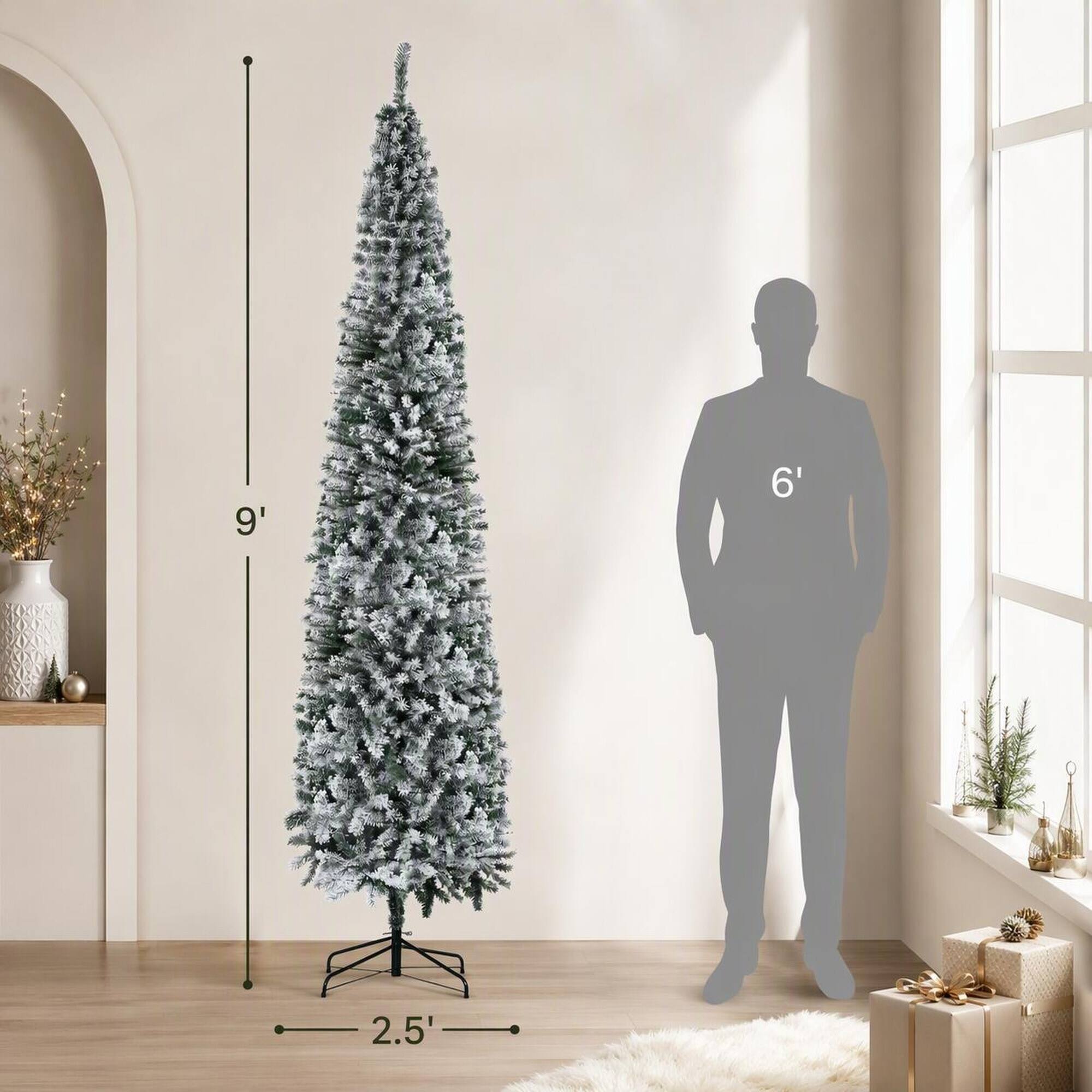 Alt View 3. RYHNUYNE - 9Ft Flocked Pencil Artificial Christmas Tree, Faux Snow Realistic Branches Bendable Design Indoor Holiday Home Decor - Green.