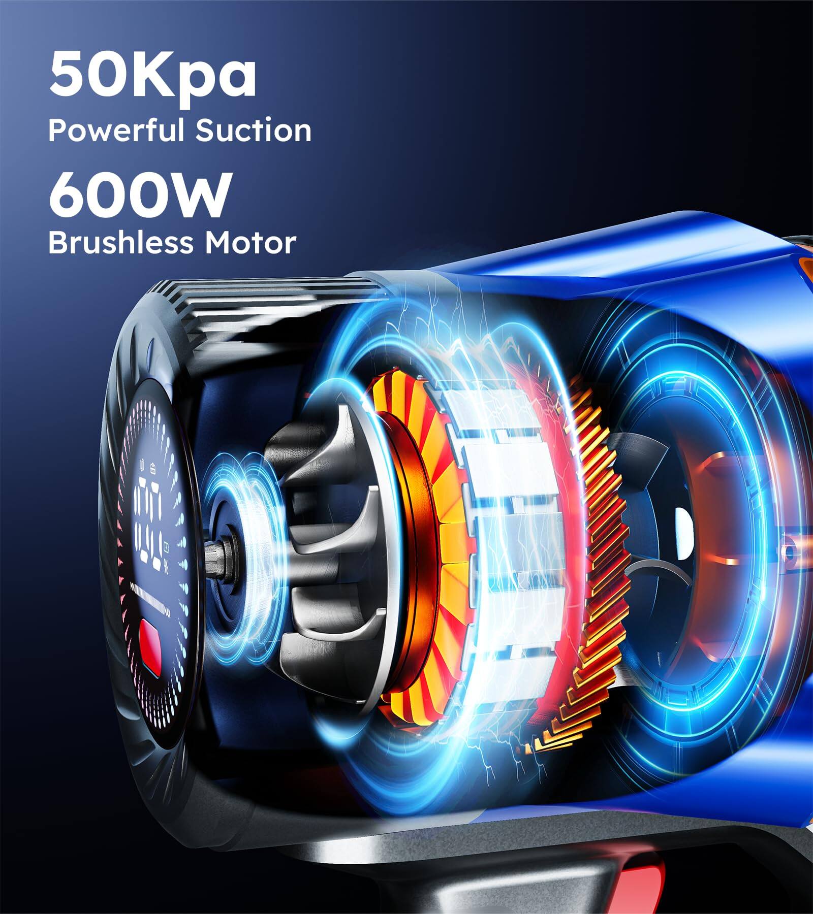 50Kpa  
Powerful Suction  
600W  
Brushless Motor