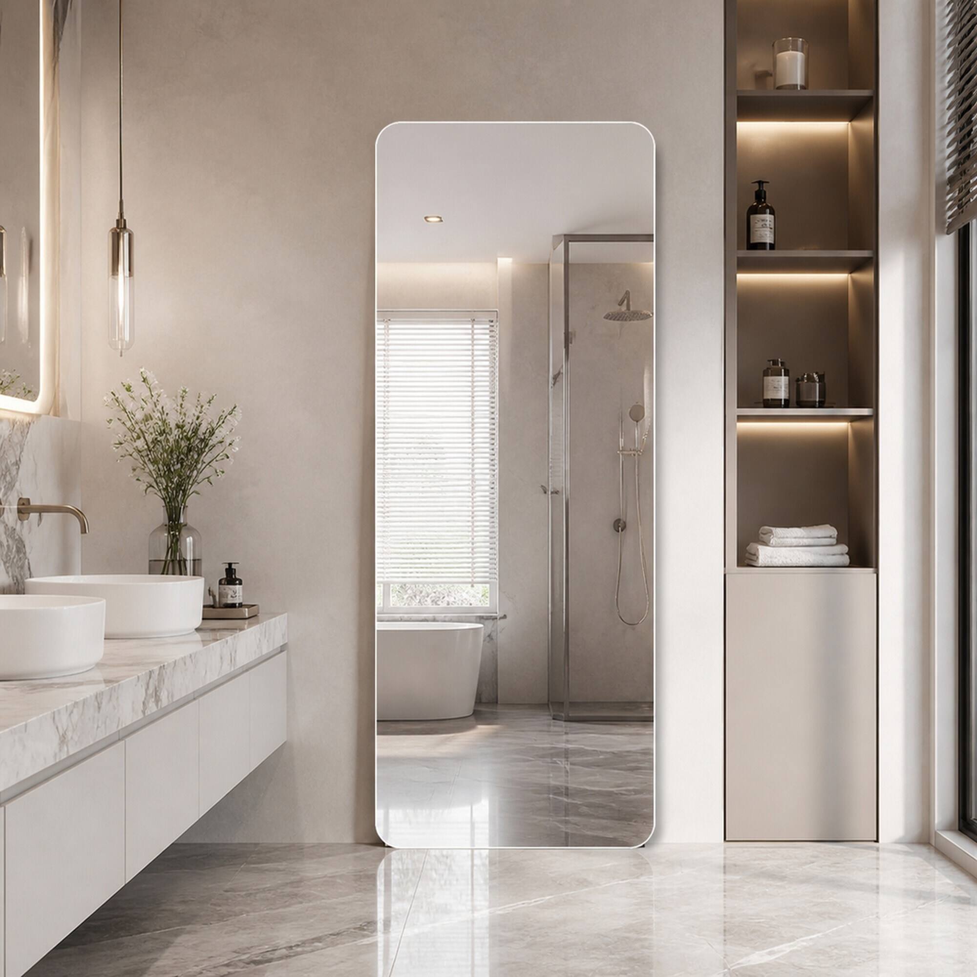 Left. RYHNUYNE - 60x15 Inch Full Body Mirror, Frameless Rounded Corners, Aluminum Frame, Wall Mounted for Bedroom and Living Room - Silver.