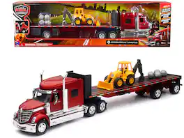 International Lonestar Truck with Flatbed Trailer Red Metallic with Front Loader and Rocks 1/32 Diecast Model by New Ray