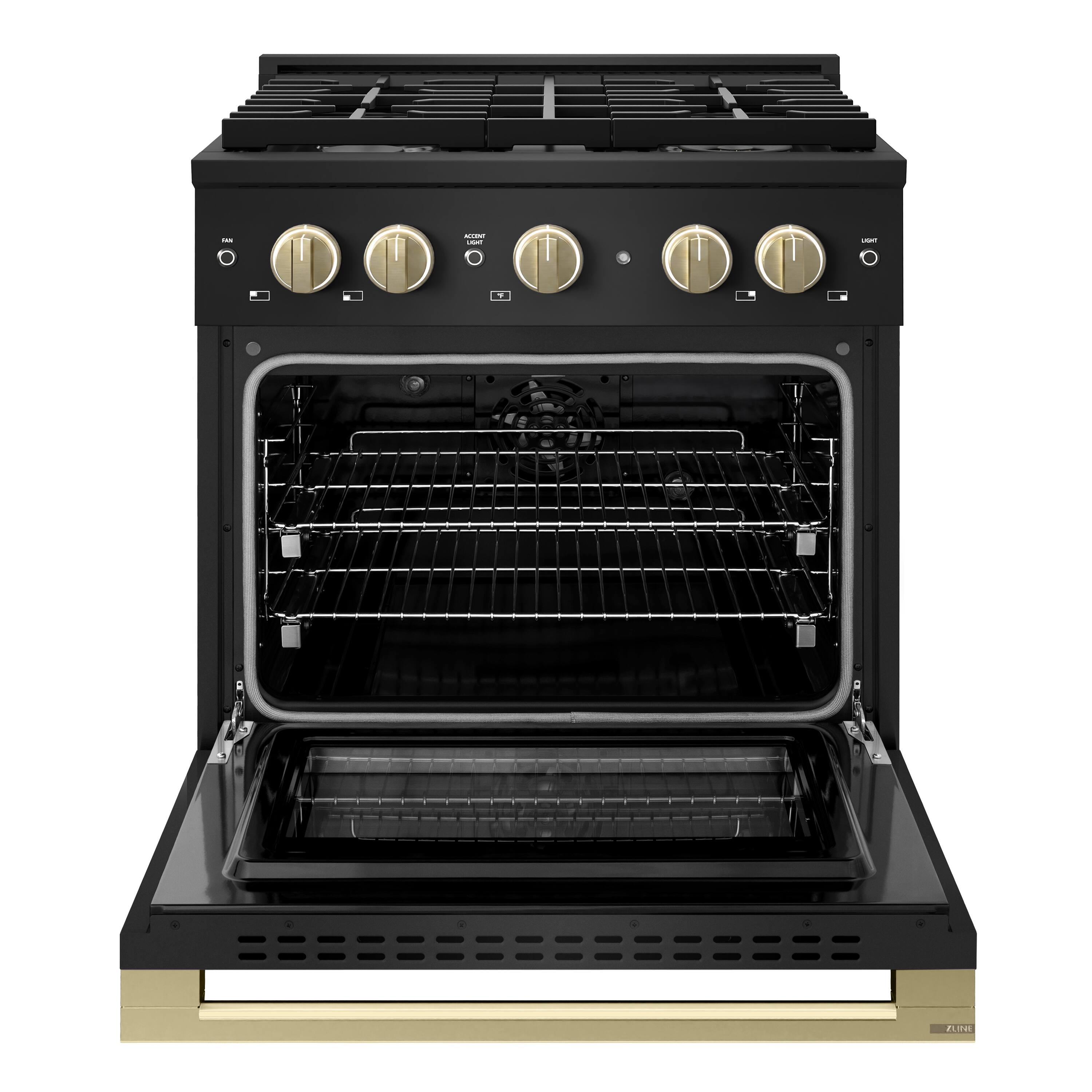 Angle. ZLINE - Autograph 30 in. 4.2 cu. ft. Marino Dual Fuel Freestanding Range with 4 Gas Burners in Black Steel with Bronze Accents - Black Stainless Steel.