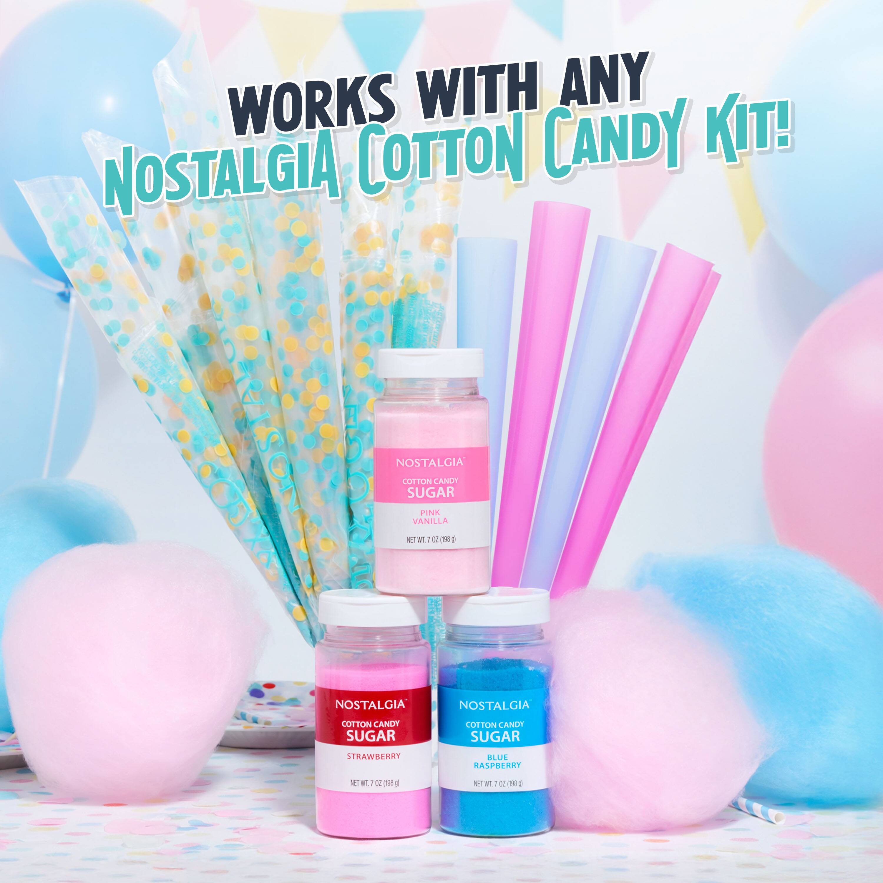 WORKS WITH ANY COTTON CANDY KIT!  
NOSTALGIA COTTON CANDY SUGAR  
PINK VANILLA  
NOSTALGIA COTTON CANDY SUGAR  
NOSTALGIA COTTON CANDY SUGAR STRAWBERRY BLUE RASPBERRY