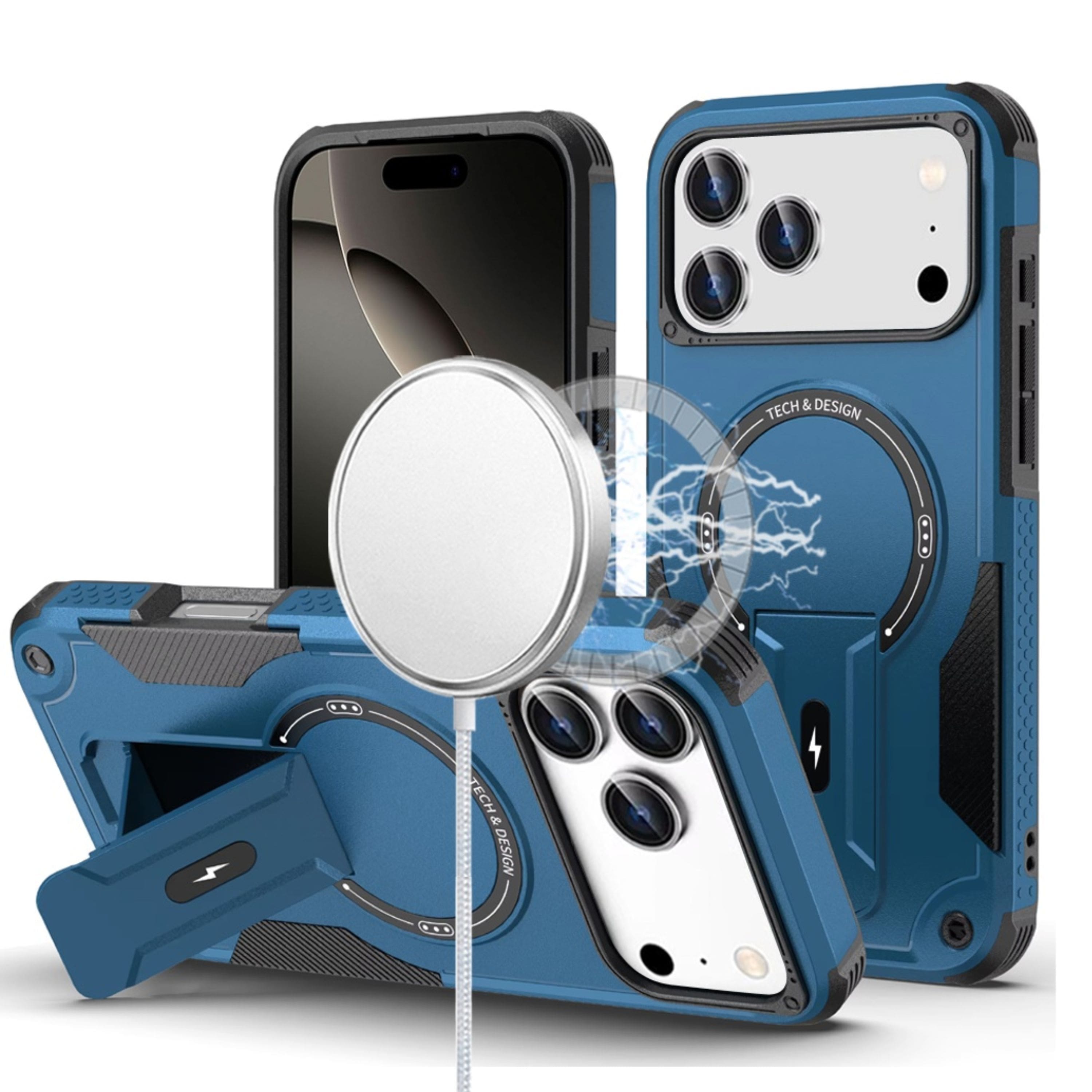 Kitcheniva - Matte Finish Shockproof Magnetic Circle Rugged Grip Kickstand Phone Case With Tempered Glass For iPhone 17 Pro Max - Blue price history on PriceWatchPro