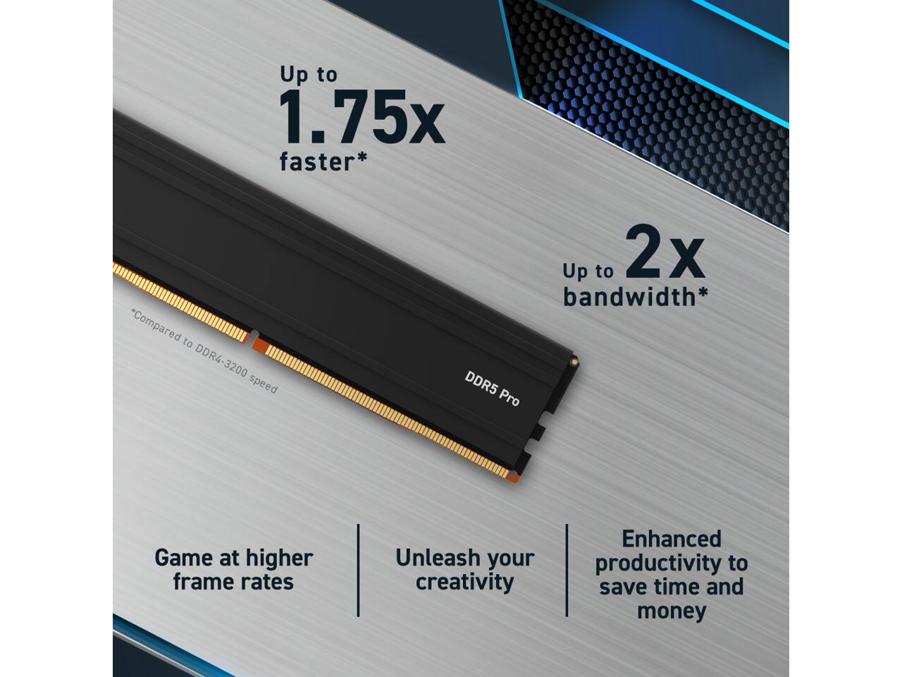 Up to 1.75x faster*  
*Compared to DDR4-3200 speed  

Up to 2x bandwidth*  

DDR5 Pro  

Game at higher frame rates  
Unleash your creativity  
Enhanced productivity to save time and money