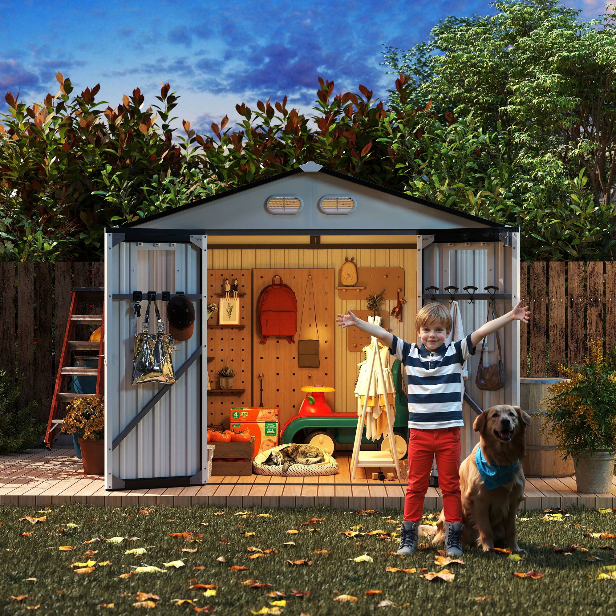 Alt View 5. Loheer - Loheer 8x8 Outdoor Storage Shed White Metal Garden Shed with Lockable Doors and Daylight Windows.