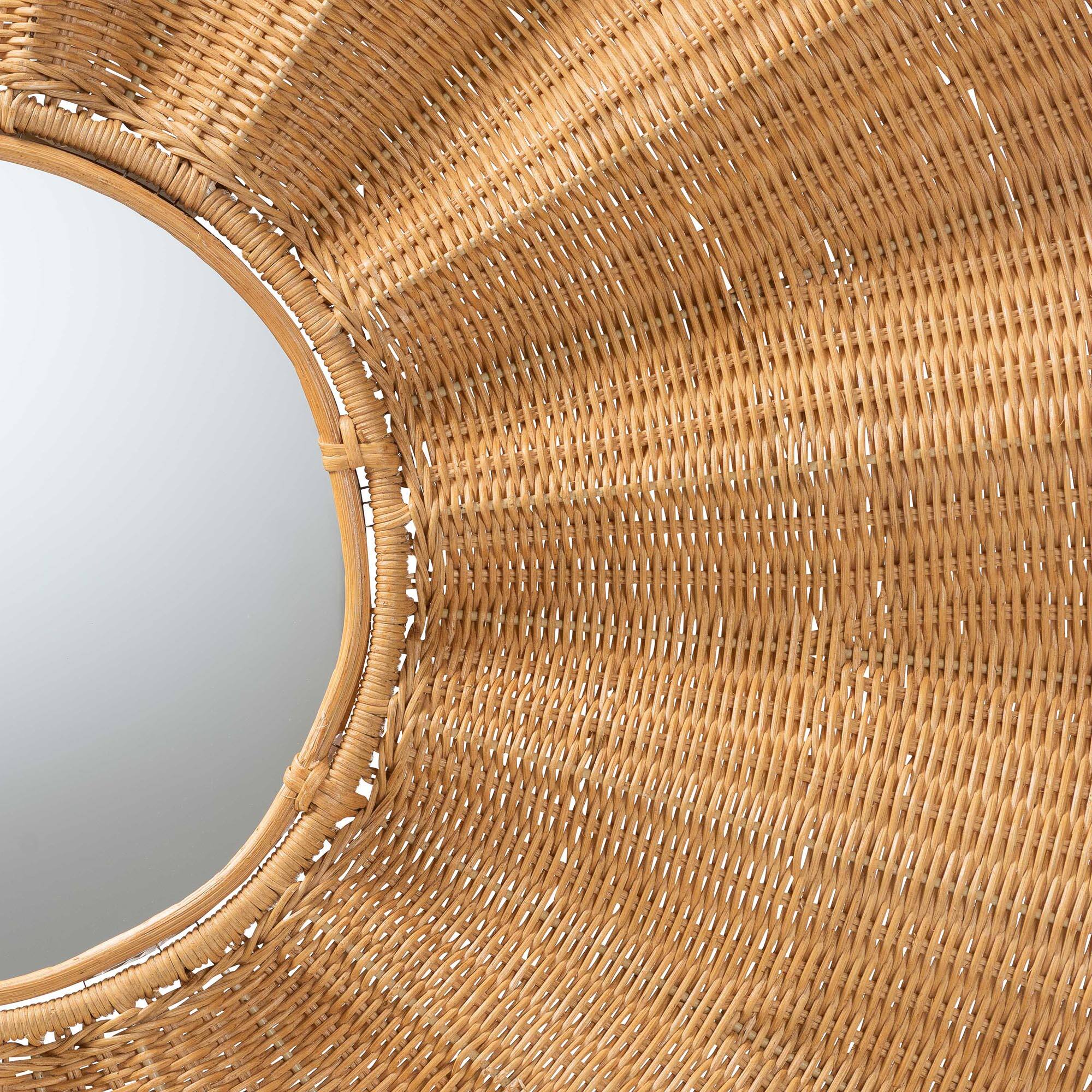 Angle. bali & pari - Palm Scalloped Rattan Wall Mirror - Handwoven Wicker Round Accent Mirror, Boho Decorative Wall Art - Light Honey.