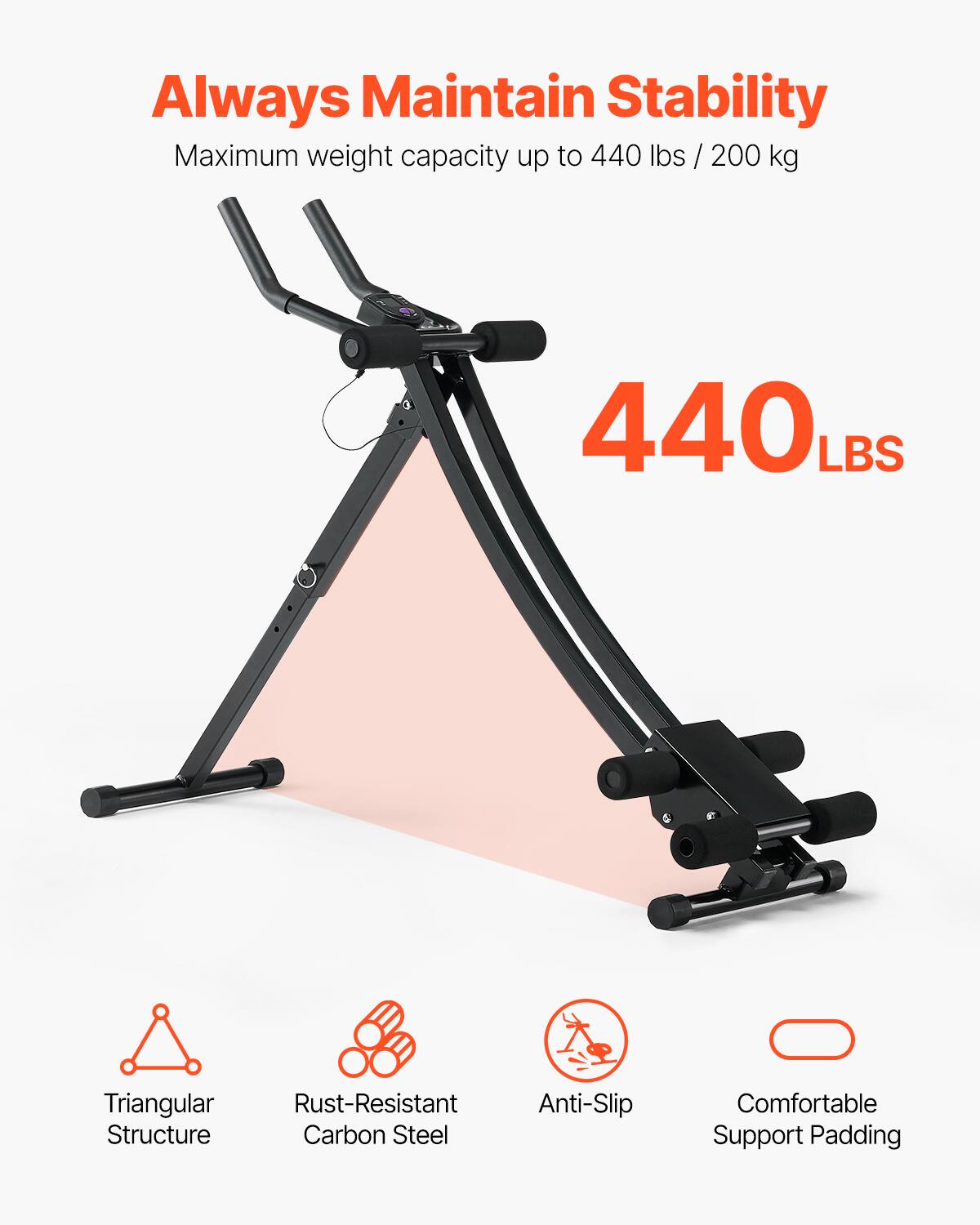 Always Maintain Stability  
Maximum weight capacity up to 440 lbs / 200 kg  

440 LBS  

- Triangular Structure  
- Rust-Resistant Carbon Steel  
- Anti-Slip  
- Comfortable Support Padding
