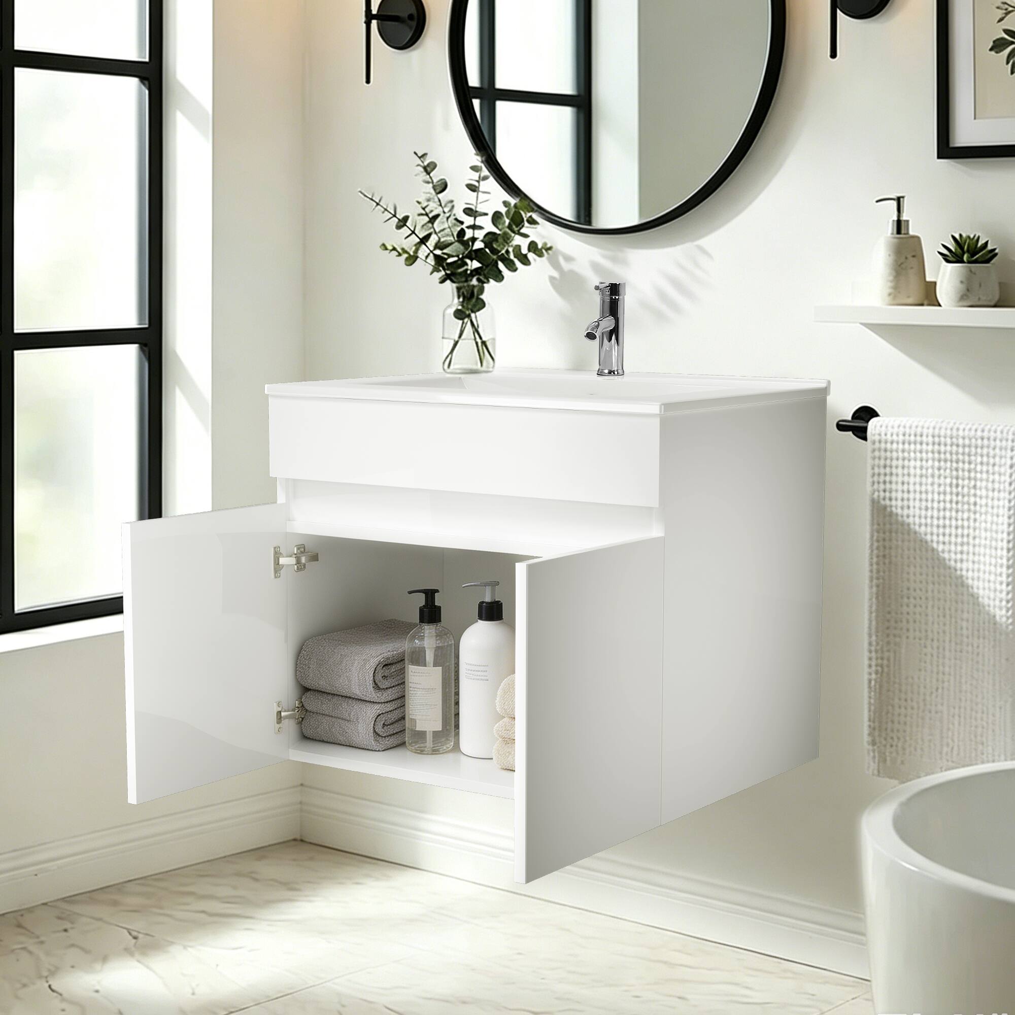 Angle. Ainfox - Ainfox 24inch Bathroom Vanity with Ceramic Sink Bathroom Storage Cabinet Freestanding-White - white.