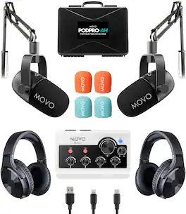 MOVO - Portable Podcast Equipment Bundle for iPhone/Android Phones- Podcast Kit with Audio Interface, 2 CastMic Dynamic
