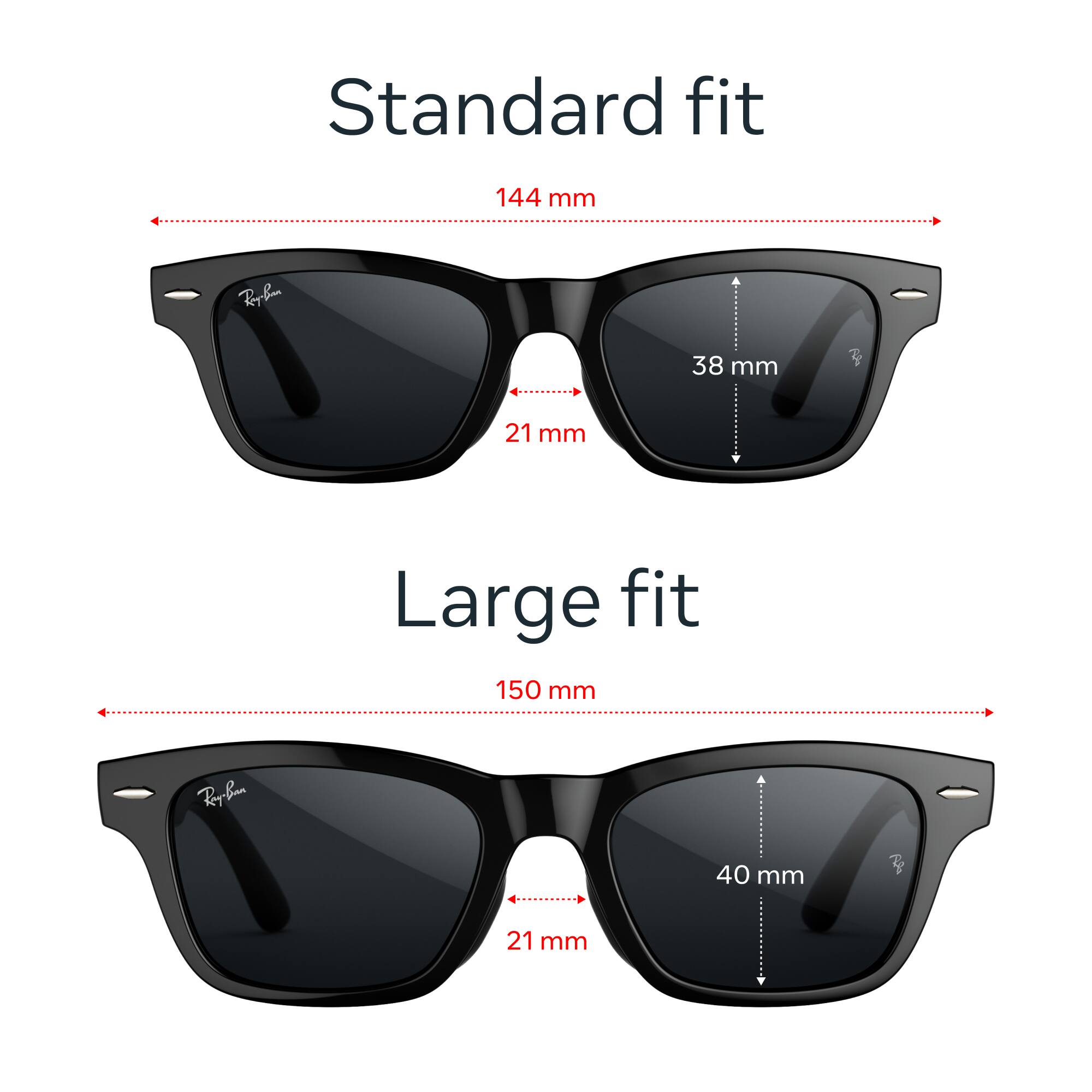 Standard fit  
144 mm  
38 mm  
21 mm  

Large fit  
150 mm  
40 mm  
21 mm