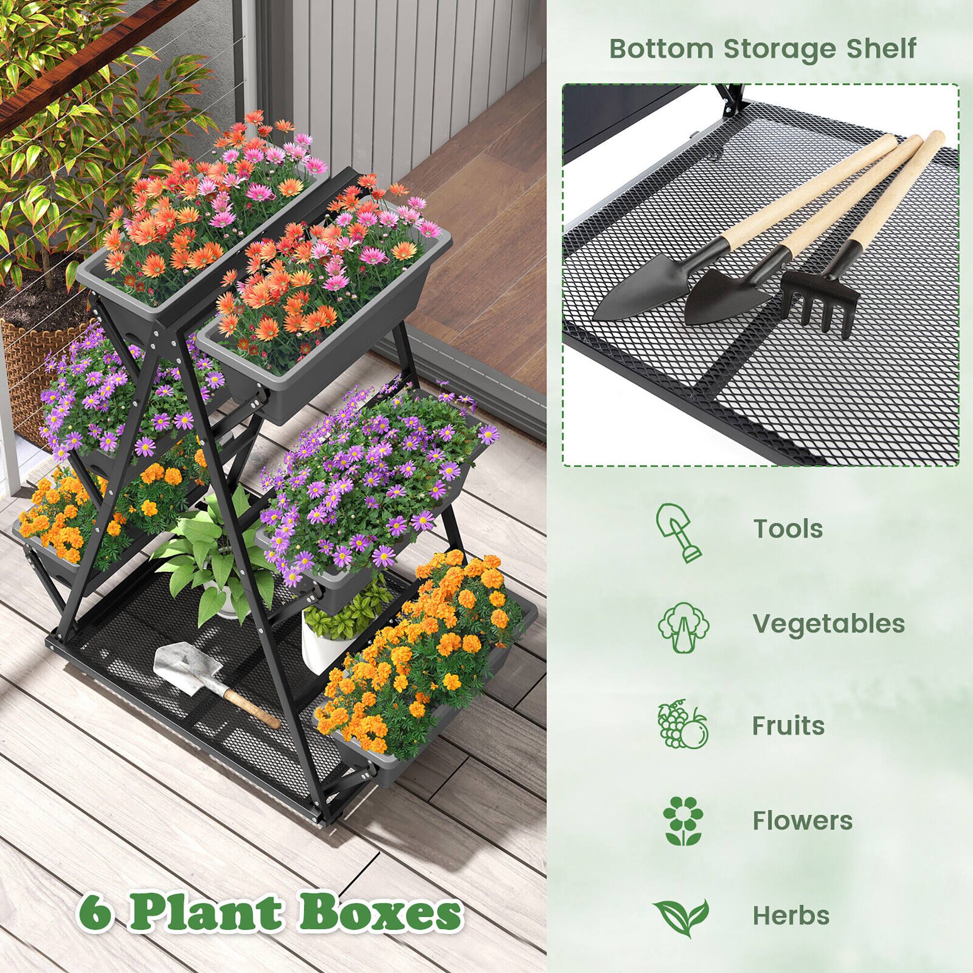 Bottom Storage Shelf

6 Plant Boxes

Tools
Vegetables
Fruits
Flowers
Herbs