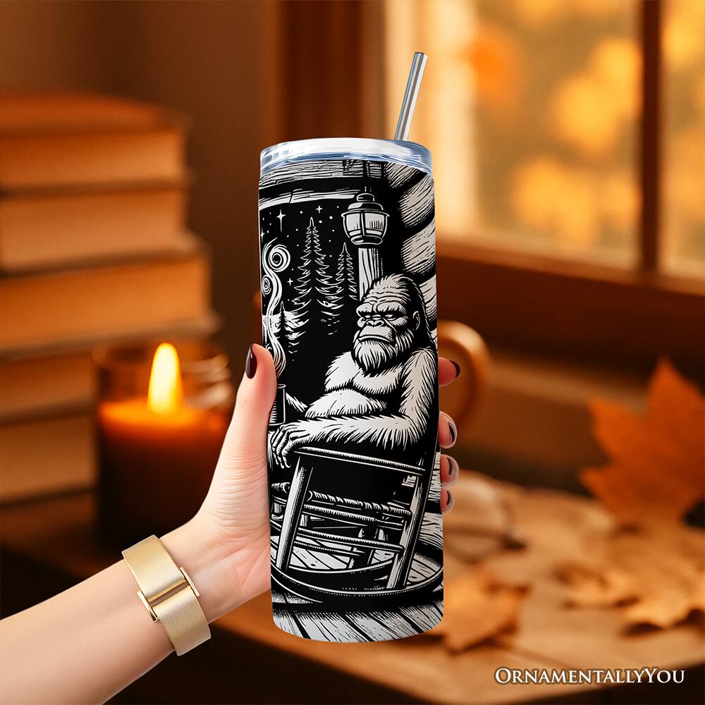Left. OrnamentallyYou - Bigfoot Cabin Life 20oz Tumbler With Stainless Steel Straw, Sarcastic Introvert Camping Gift Cup - Multicolored.