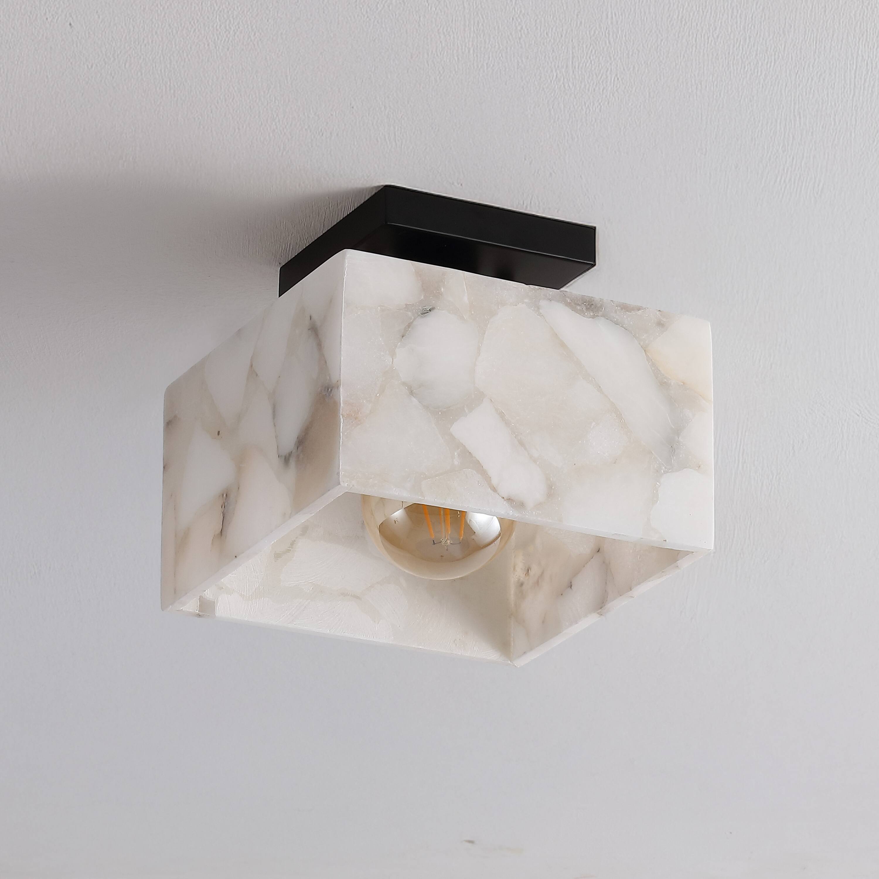 Alt View 5. Jonathan Y - Alessia 8" 1-Light Modern Contemporary Alabaster/Iron Square LED Semi Flush Mount, White Marbling/Black - Black/White.
