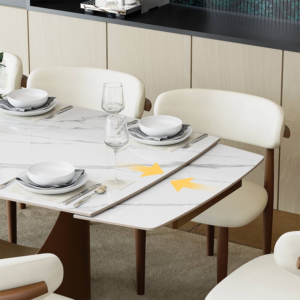 Back. POVISON - 71"-95"Extendable Modern White Dining Table for 6-10,Rectangular Glossy Sintered Stone Tabletop,Bronze Carbon Steel Leg - Glossy White Sintered Stone with Bronze.