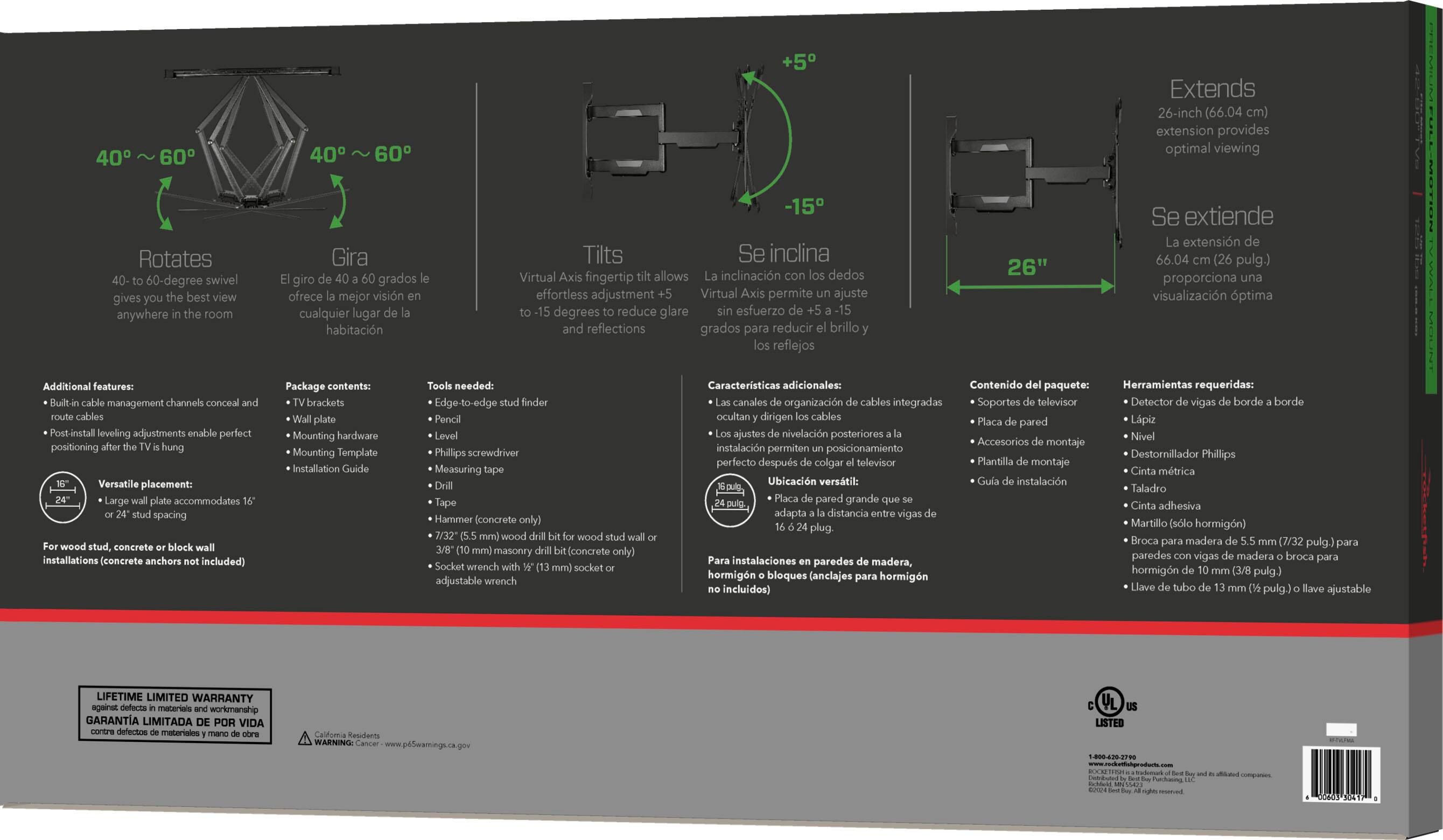 The image shows a manual for a product that includes a diagram and a list of features. The features listed are:

1. 40-60 40-60 +5 Extends: This feature extends the product by 26 inches, providing optimal viewing.
2. Rotates 60-degree swivel: This feature allows for the best view from any location.
3. Tilts: This feature enables easy inclination of the product.
4. Virtual fingertip allows inclination: This feature allows for effortless adjustment.
5. Virtual Axis permite ajuste degrees reduce glare esfuerzo reflections: This feature reduces glare and reflections.
6. 26" Se extiende extensin 66.04 (26 pulg.) proporciona visualizacin ptima: This feature extends the product by 26 inches, providing optimal viewing.
7. Additional features: This feature includes built-in management channels to conceal cables, post-install leveling adjustments for perfect positioning, and versatile placement that accommodates spacing for concrete installations.
8. Package contents: The package includes brackets, a plate, mounting hardware, a mounting template, an installation guide, and additional tools such as an edge-to-edge Phillips screwdriver, measuring hammer (concrete only), wood masonry socket wrench, and socket.