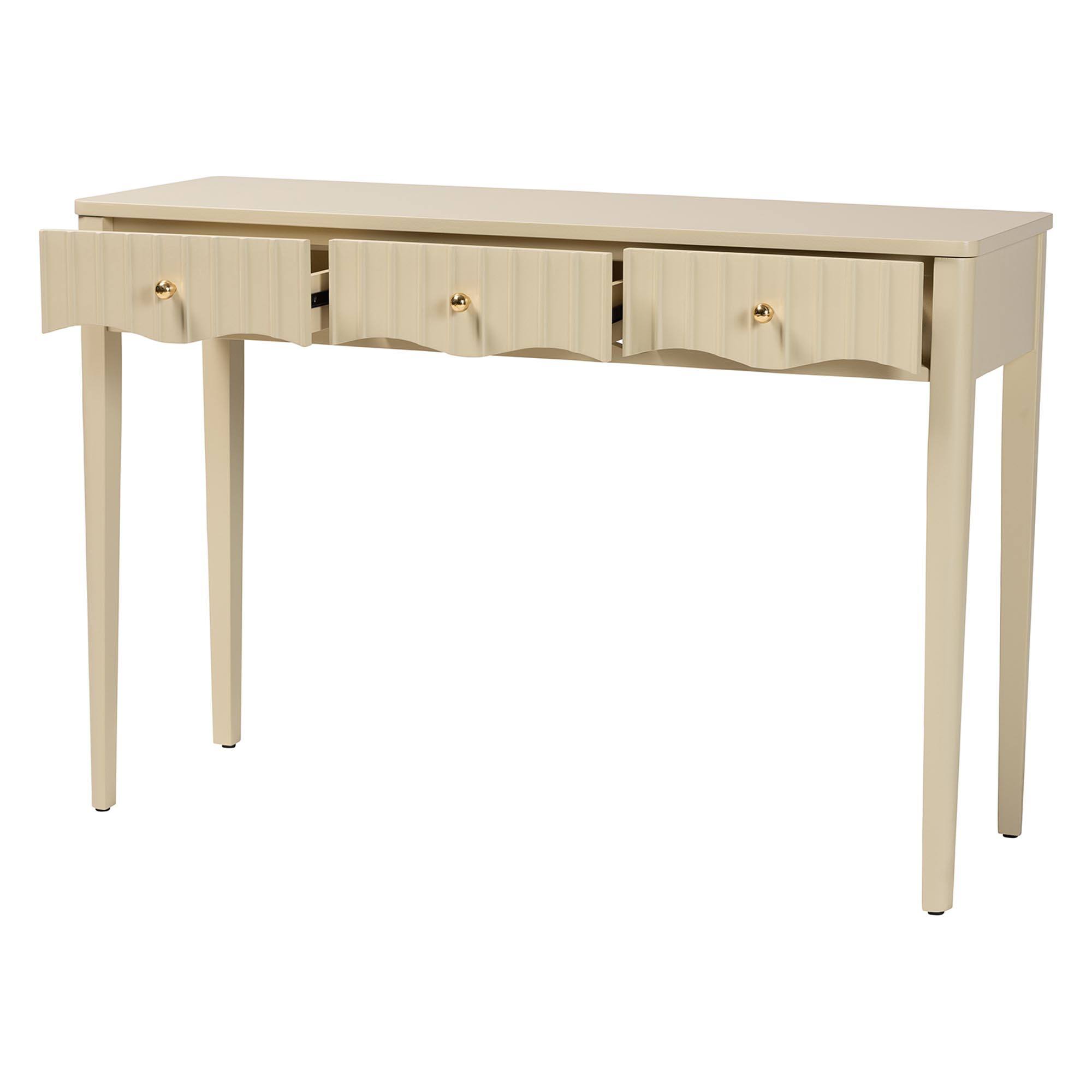 Angle. bali & pari - Leeba Console Table - 3-Drawer Accent Table with Fluted Wood and Scalloped Framing for Living Room, Hallway, or Entryway - Beige.