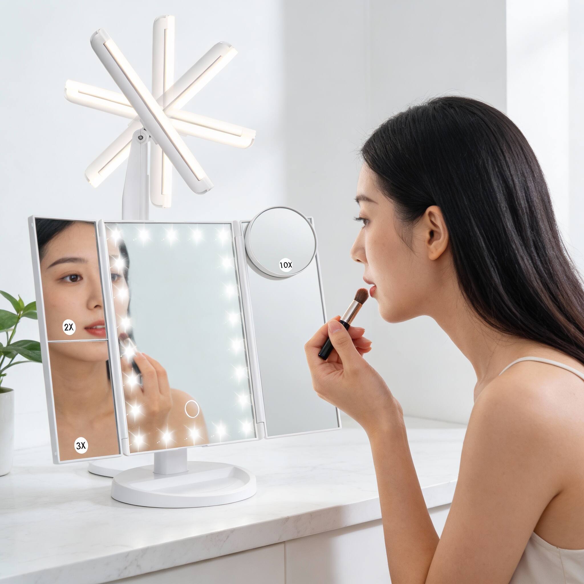 Alt View 2. PO3TICJUNKI3 - Trifold LED Makeup Mirror 1X/2X/3X/10X Magnifying Touch Dimmer USB/Battery - Default.