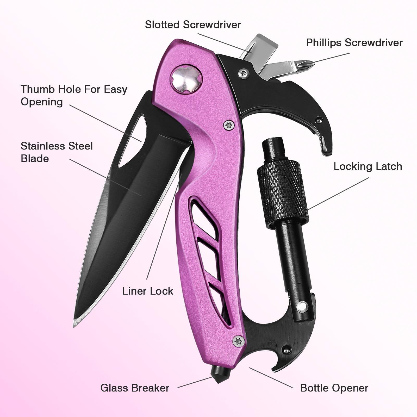 Sure, here is the corrected and grouped text from the image:

- Slotted Screwdriver
- Phillips Screwdriver
- Thumb Hole For Easy Opening
- Stainless Steel Blade
- Locking Latch
- Liner Lock
- Glass Breaker
- Bottle Opener