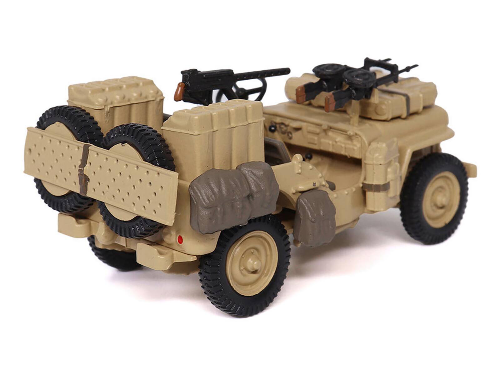 Left. Militaria Die Cast - British SAS 1/4-Ton Willys Jeep with Vickers K Machine Gun Desert Sand British Royal Army 1/43 Diecast Model - Sand.