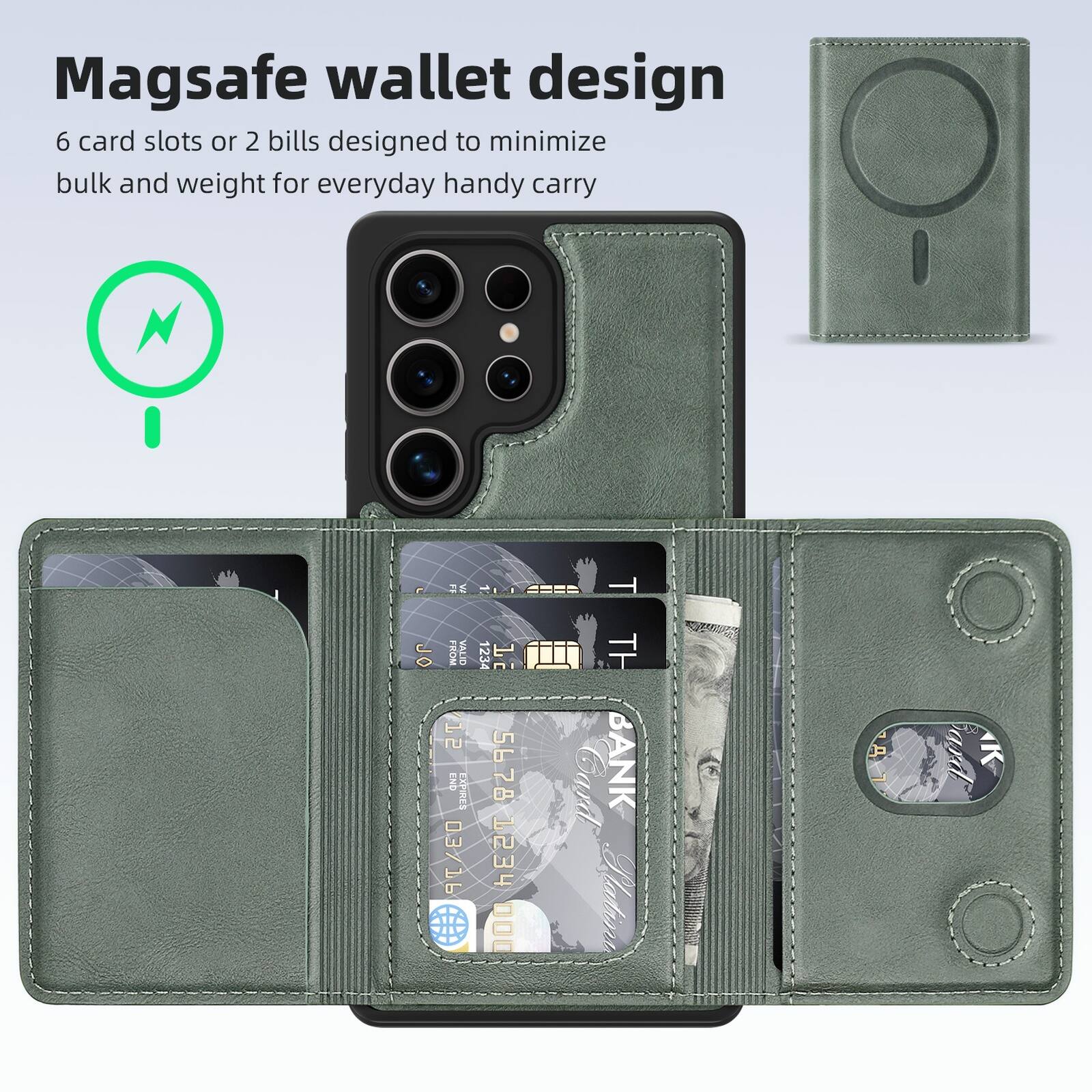 Magsafe wallet design  
6 card slots or 2 bills designed to minimize bulk and weight for everyday handy carry