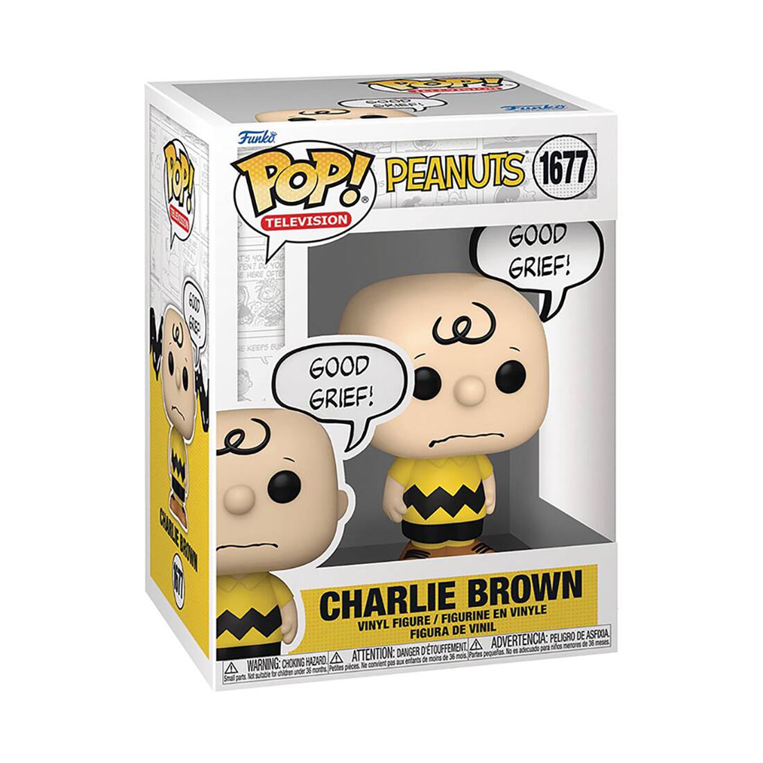 F  FIKS Funko 1 PEANUTS 1677 POP! TELEVISION GOOD GRIEF! HERE OETE 600 E E KEEPS BOP GOOD GRIEF! DIE C I CHARLIE BROWN FIGURINE EN VINYLE FIGURE / VINYL DE VINIL FIGURA PELIGRO DE ASFIIA D'TOUFFEMENT, A ADVERTENCIA: sf nenow aI 3 meseL  . adcuade N ATTENTION: DANGER dE  moi Partes prcuetus HAZARO ar ae nore WARNING: CHOKING convient S a Pettes peom to  wdr x morths 2 s0d