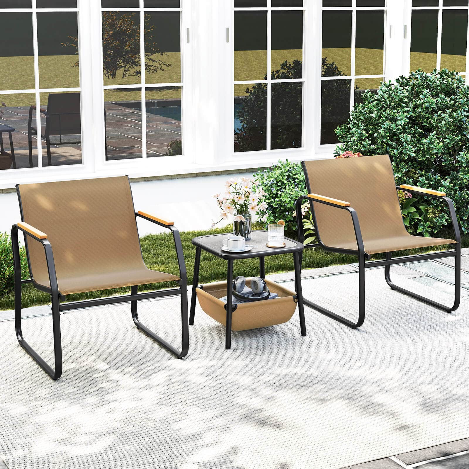 Costway - 3 PCS Patio Furniture Set with Breathable Mesh Fabric and Metal Frame Garden - Brown