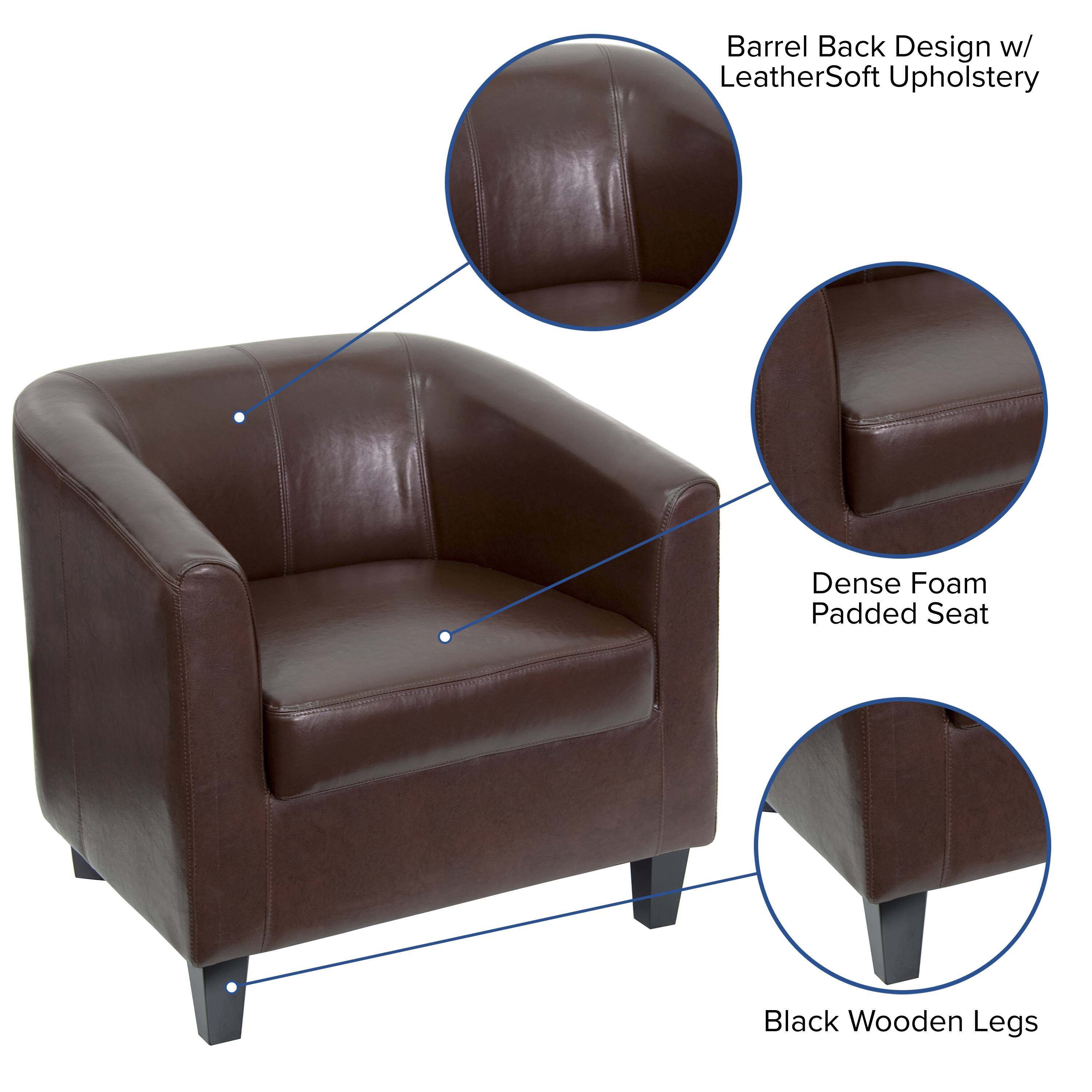Barrel Back Design w/ LeatherSoft Upholstery  
Dense Foam Padded Seat  
Black Wooden Legs