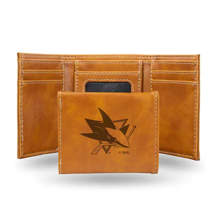 Front. Rico Industries - San Jose Sharks NHL Laser Engraved Brown Trifold Wallet - Multi.