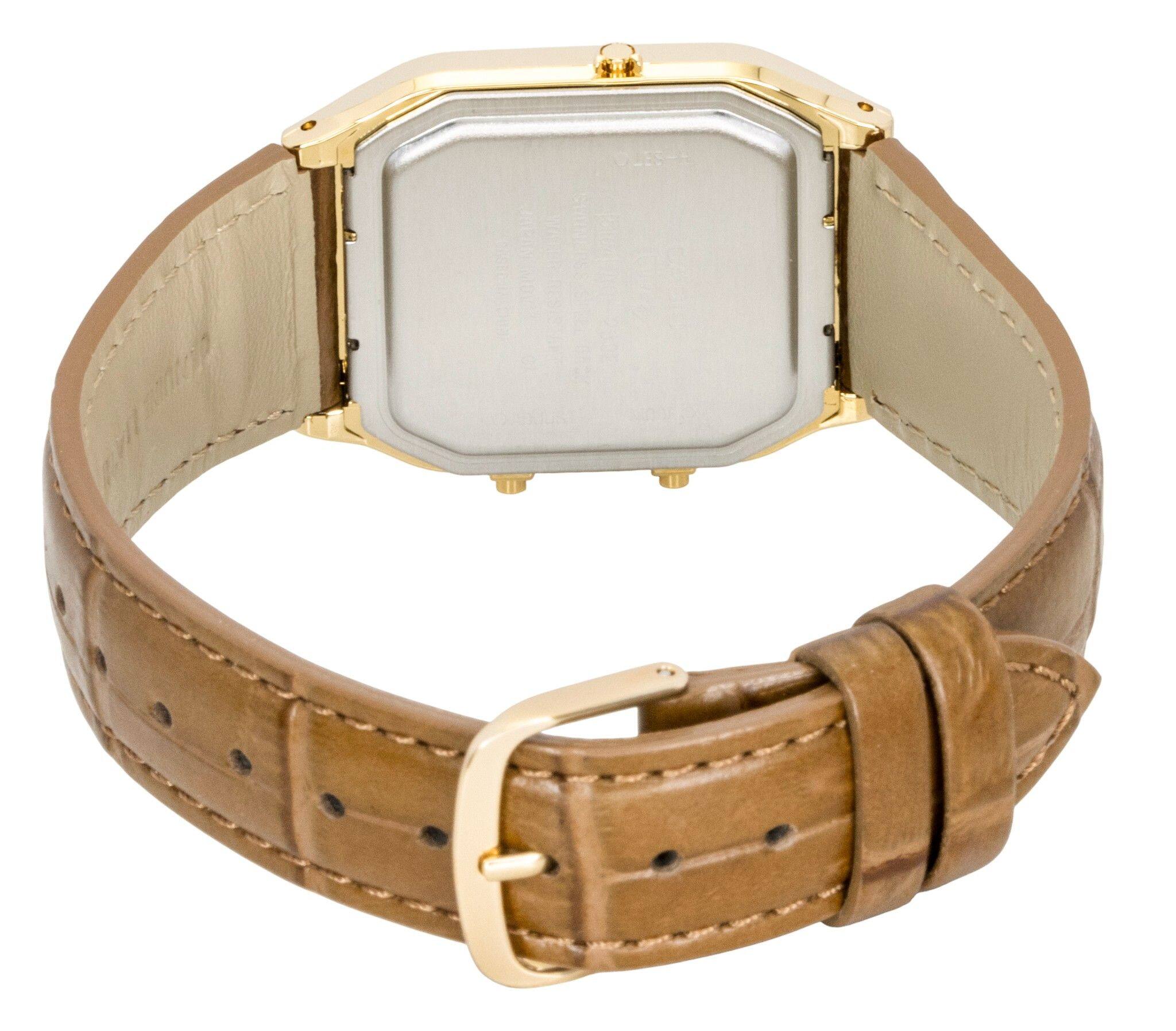 Left. Casio - Vintage Analog Digital Leather Strap Gold Dial Quartz AQ-230EGL-9A Unisex Watch - Gold.