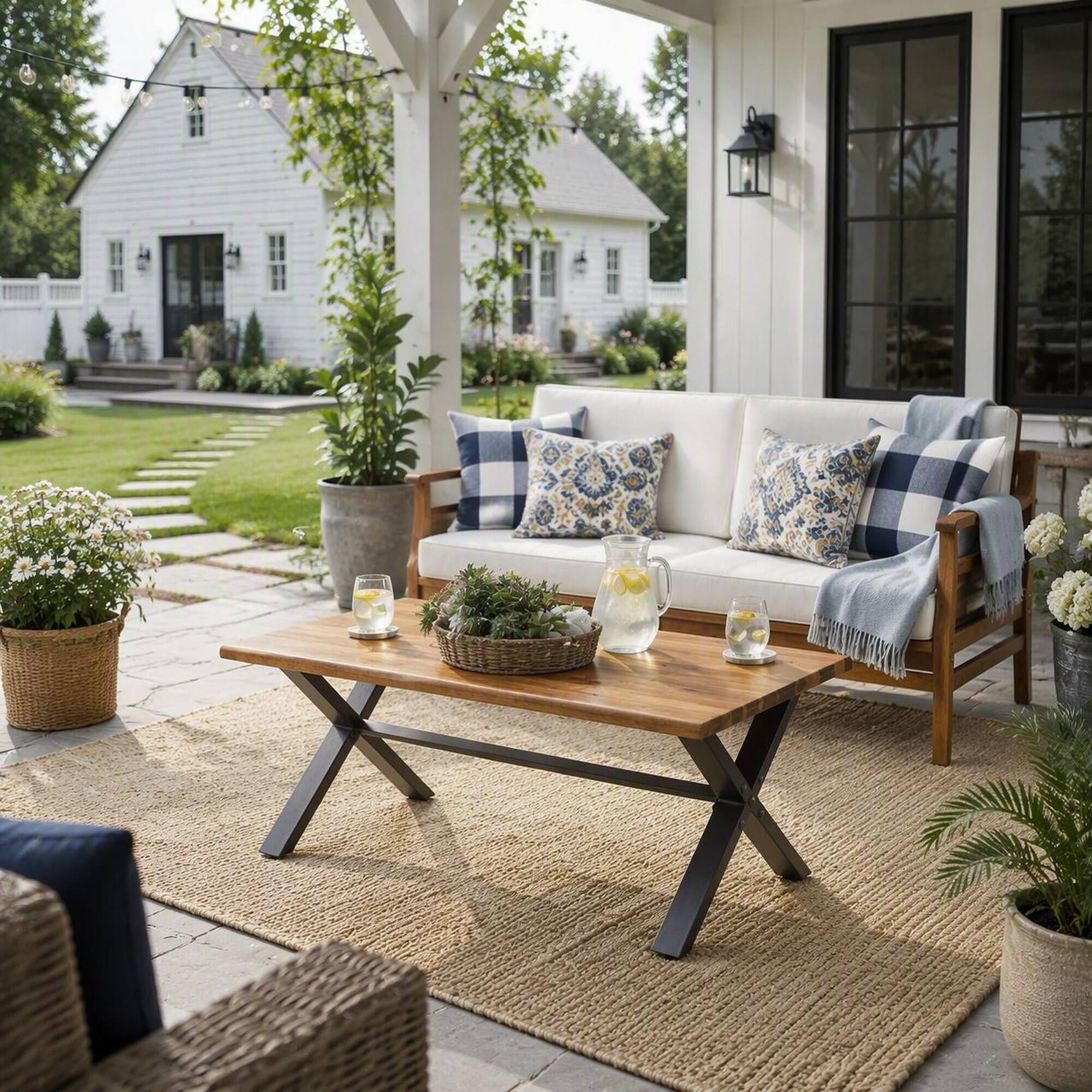 Back. RYHNUYNE - Outdoor Dining Table, Acacia Wood Patio Table, Rectangular Outdoor Table for Porch, Garden, Backyard and Poolside - Brown+Black.