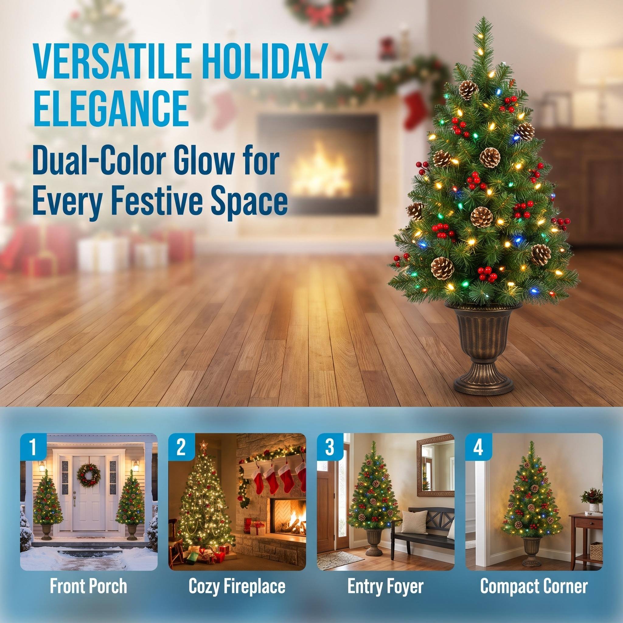 VERSATILE HOLIDAY ELEGANCE  
Dual-Color Glow for Every Festive Space

1. Front Porch
2. Cozy Fireplace
3. Entry Foyer
4. Compact Corner