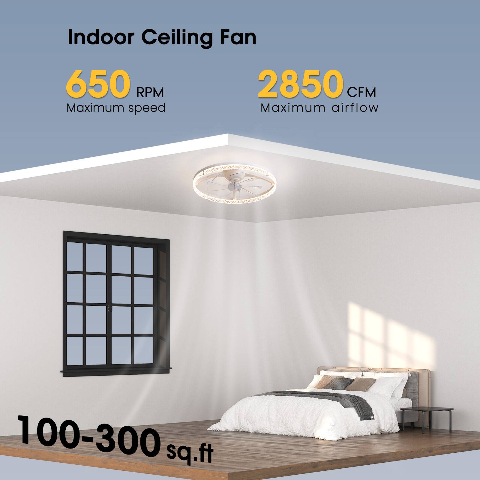 Indoor Ceiling Fan

650 RPM
Maximum speed

2850 CFM
Maximum airflow

100-300 sq.ft