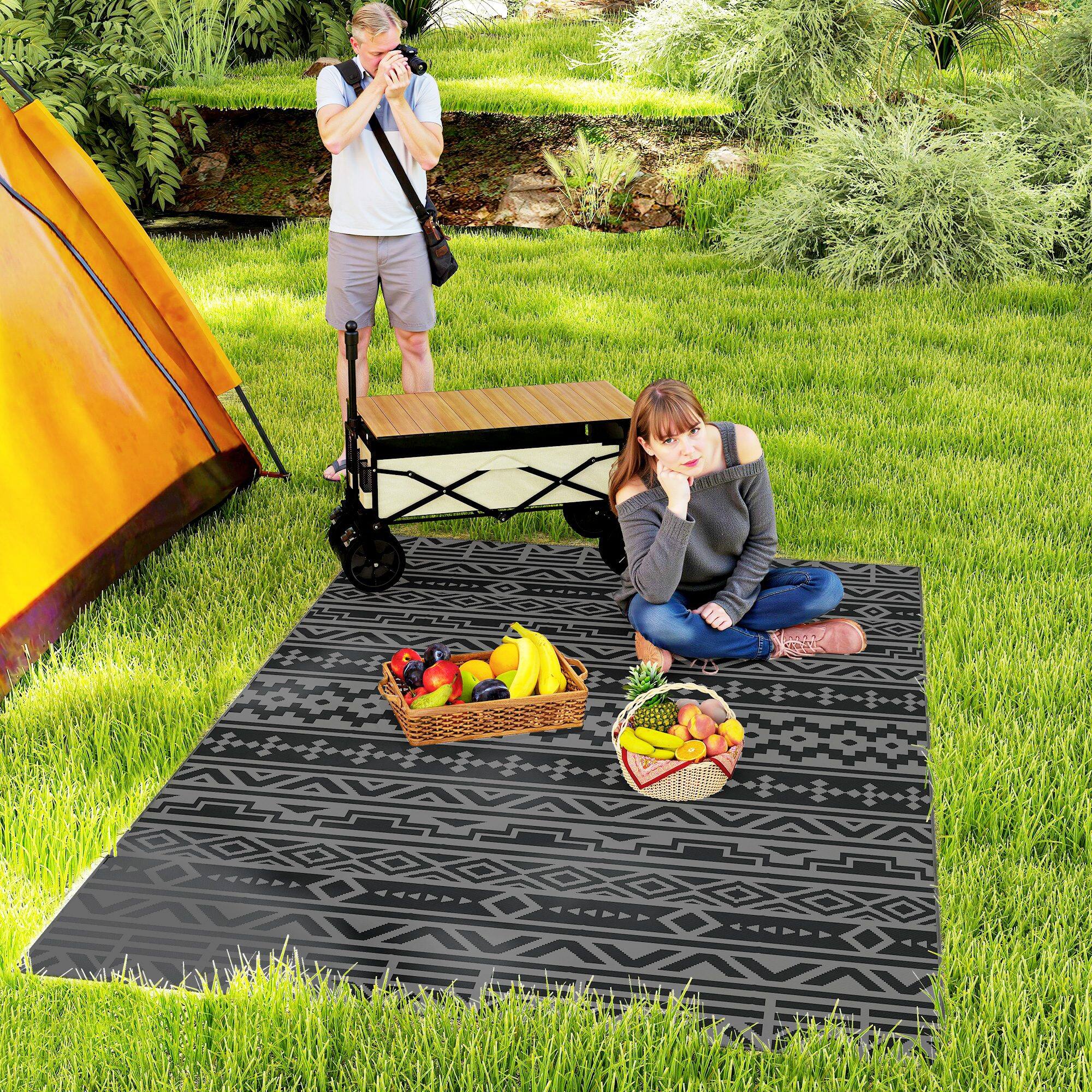 Alt View 1. Outsunny - Outdoor Rug for Patio, 6' x 9' Waterproof Large Mat, Reversible Plastic Straw Rug for Décor - Black and Gray Geometric Wall.