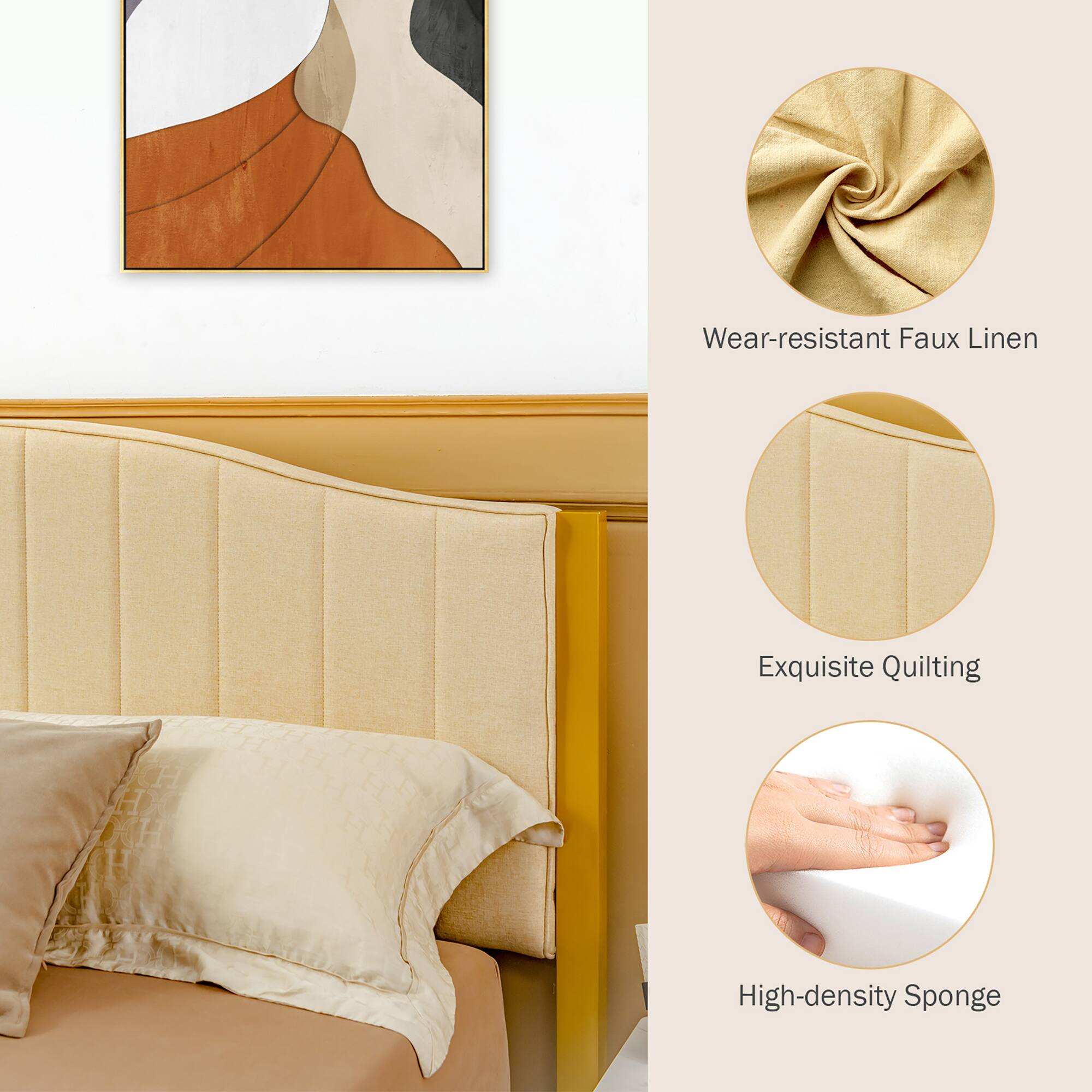 Alt View 8. Costway - Costway Queen Size Upholstered Bed Frame Mattress Foundation Platform Quilted Headboard - Gold,Beige.