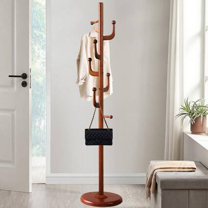 Front. Chateau Abodes - Wood Coat Rack Freestanding with 7 Hooks, Tree Branch Design & Sturdy Base for Entryway, Hallway, Bedroom - Walnut.