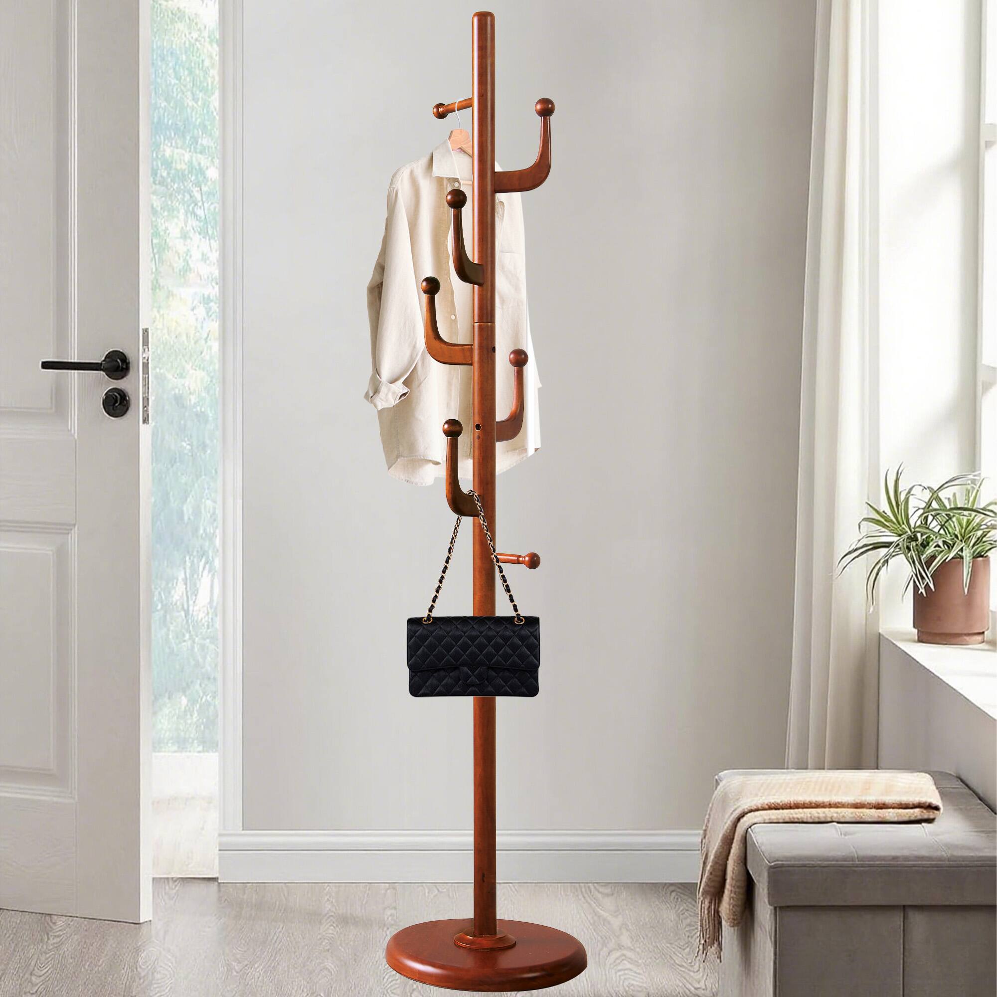 Front. Chateau Abodes - Wood Coat Rack Freestanding with 7 Hooks, Tree Branch Design & Sturdy Base for Entryway, Hallway, Bedroom - Walnut.