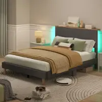Bestier - Bed Frame Bed with LED Light & Adjustable Storage Headboard for Bedroom Upholstered Platform -Full Size - Grey - Front_Zoom