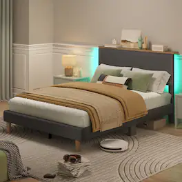 Bestier - Bed Frame Bed with LED Light & Adjustable Storage Headboard for Bedroom Upholstered Platform -Full Size - Gray