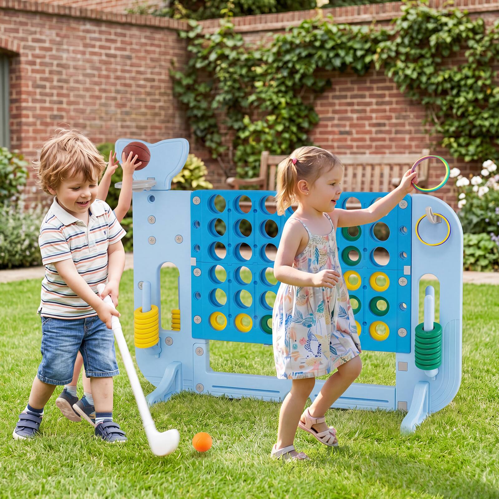 Alt View 1. Costway - Costway Jumbo Connect Four Game with Ring-toss Basketball Golf Club & Balls 2 Cups Holders - Blue.
