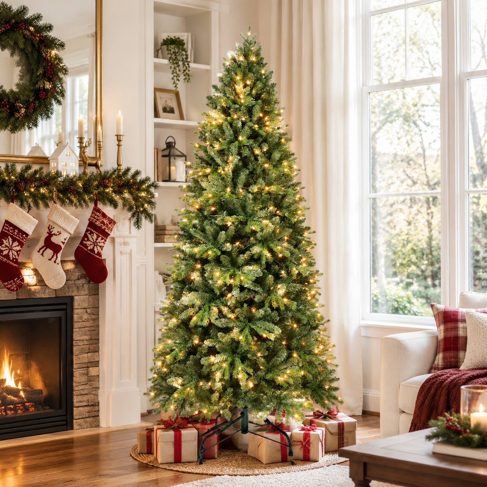 RYHNUYNE 7 Ft Lush Artificial Christmas Tree With 400 Warm White LED ...