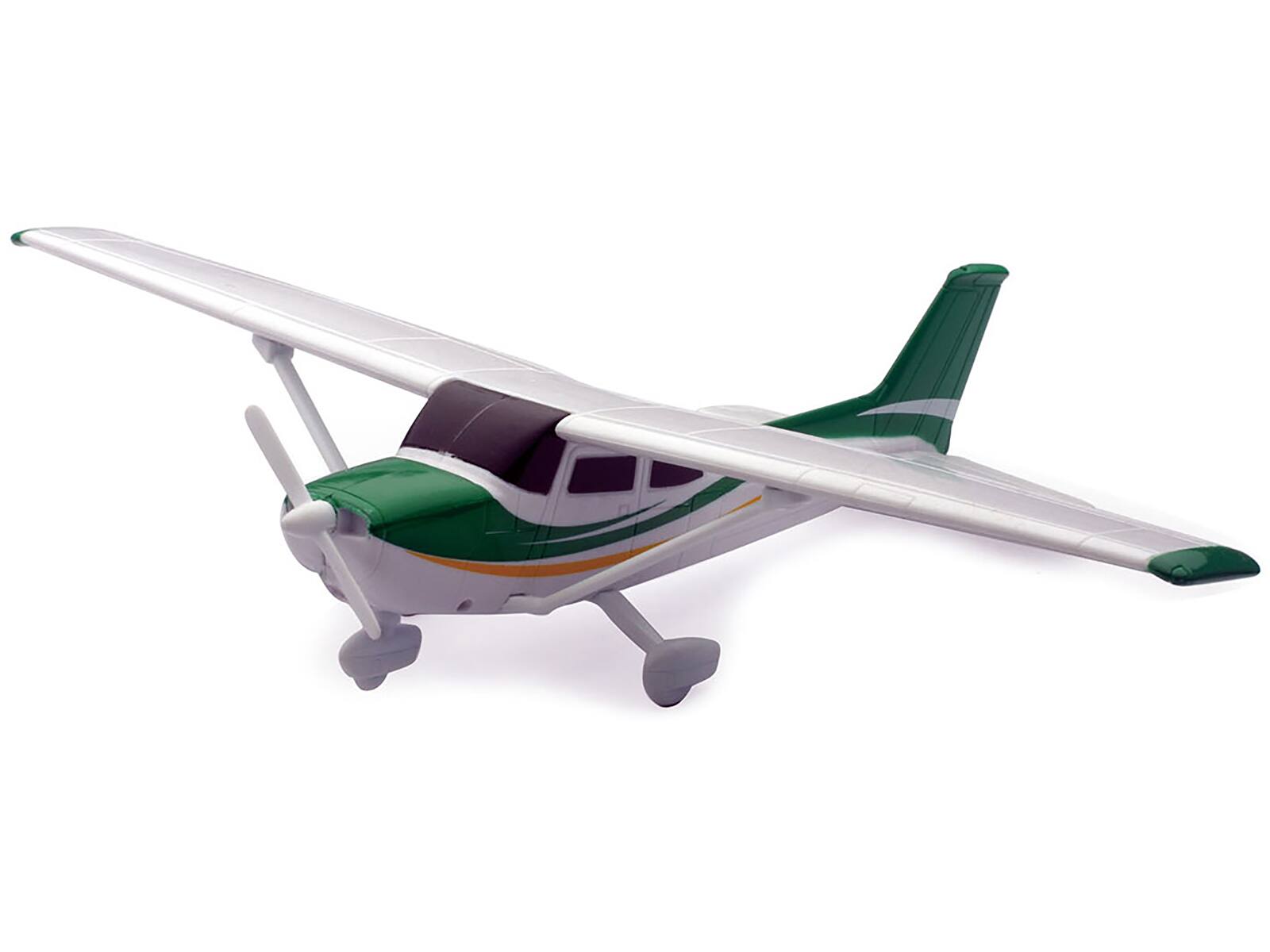 Angle. New Ray - Model Kit Cessna 172 Skyhawk Aircraft White with Green and Yellow Stripes "Sky Pilot" Series 1/42 - White with Green and Yellow.