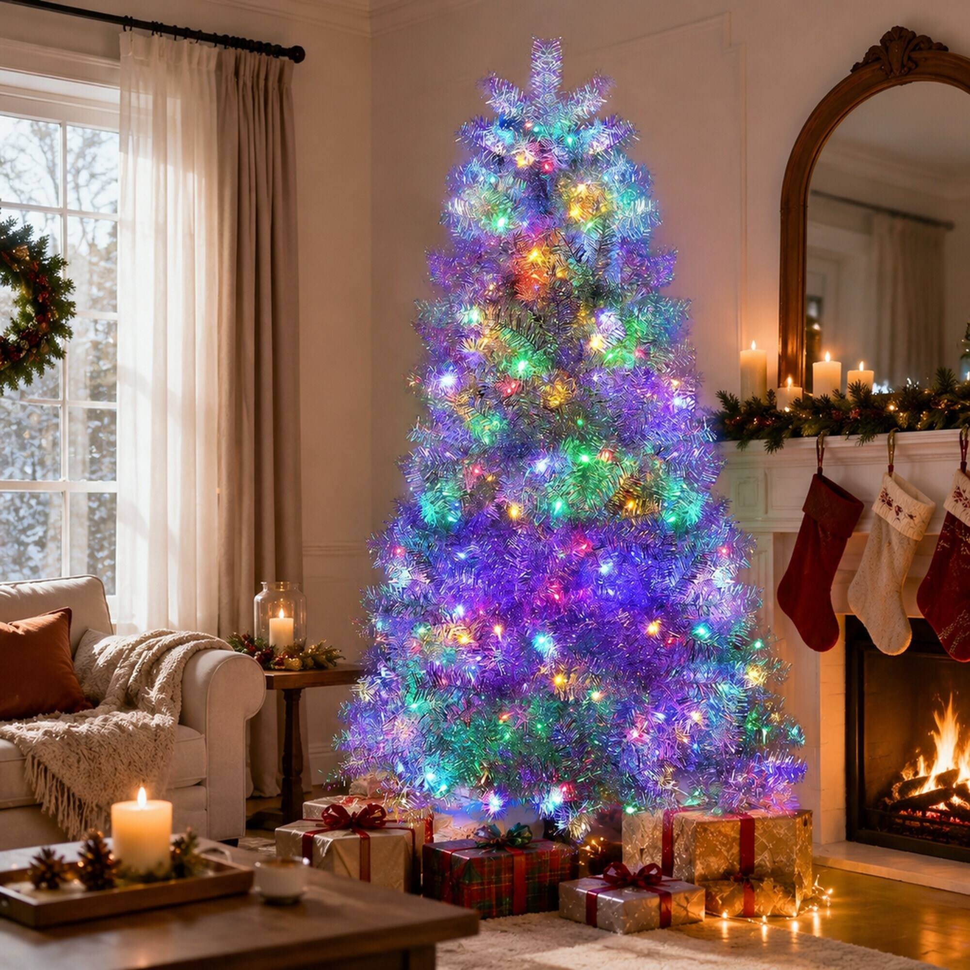 Angle. RYHNUYNE - 6FT Silver Pre-Lit Artificial Christmas Tree, 800 Branch Tips 300 LED Lights 11 Lighting Modes Hinged Metal Stand - Silver.