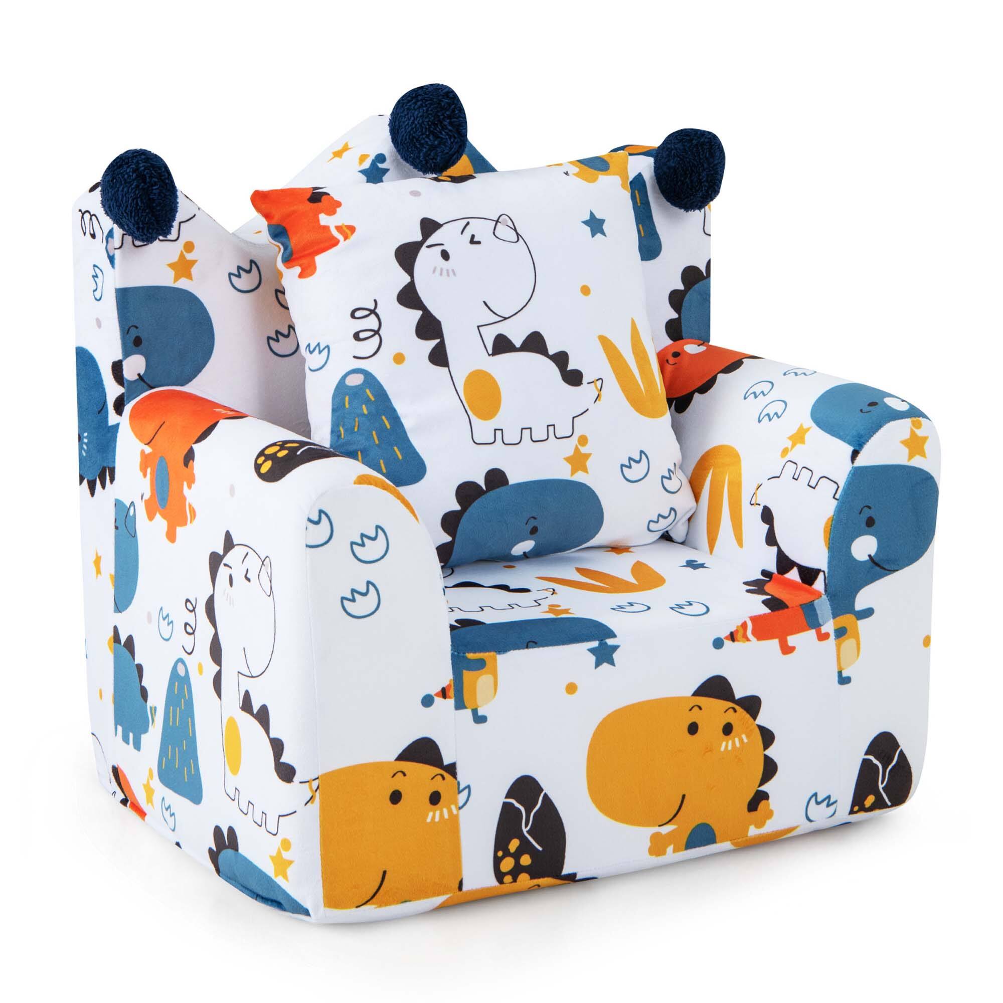 Costway - Kids Sofa Chair Foam Filled Armchair Dinosaur Toddler Couch with Cover & Pillow - Blue
